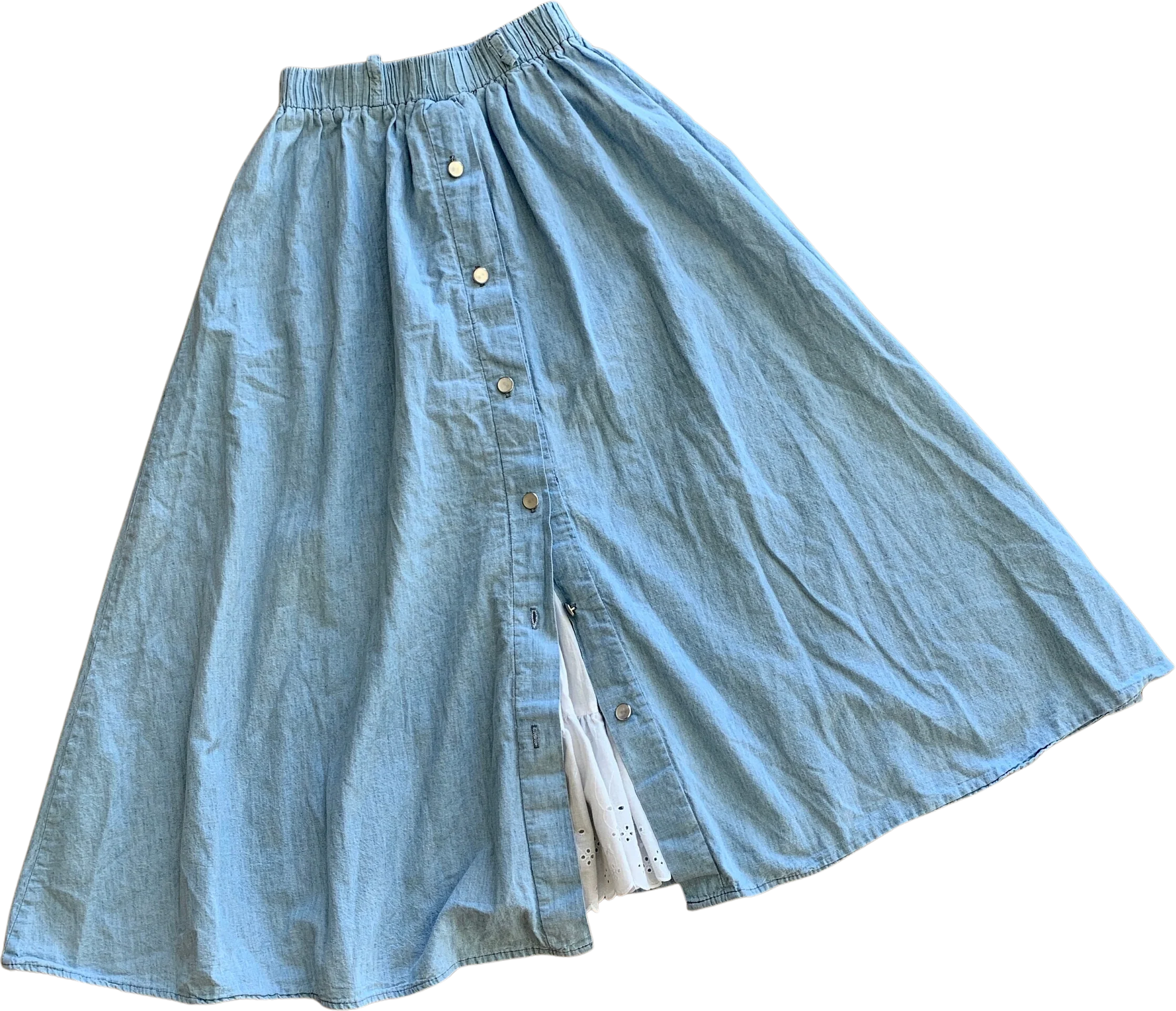 Vintage 80s Cotton Denim Full Elastic Waist Midi Skirt Sz S / M by Fritzi of California