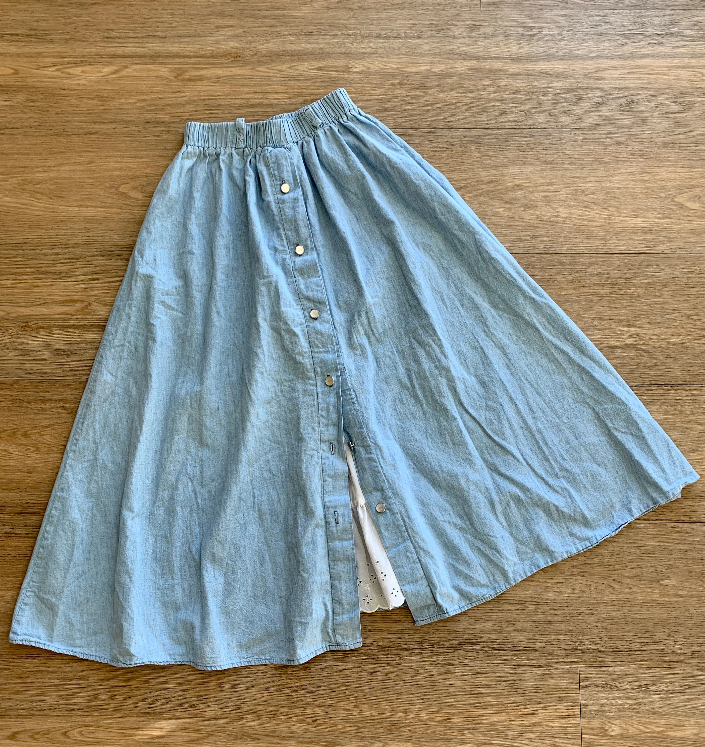 Vintage 80s Cotton Denim Full Elastic Waist Midi Skirt Sz S / M by Fritzi of California - Image 3