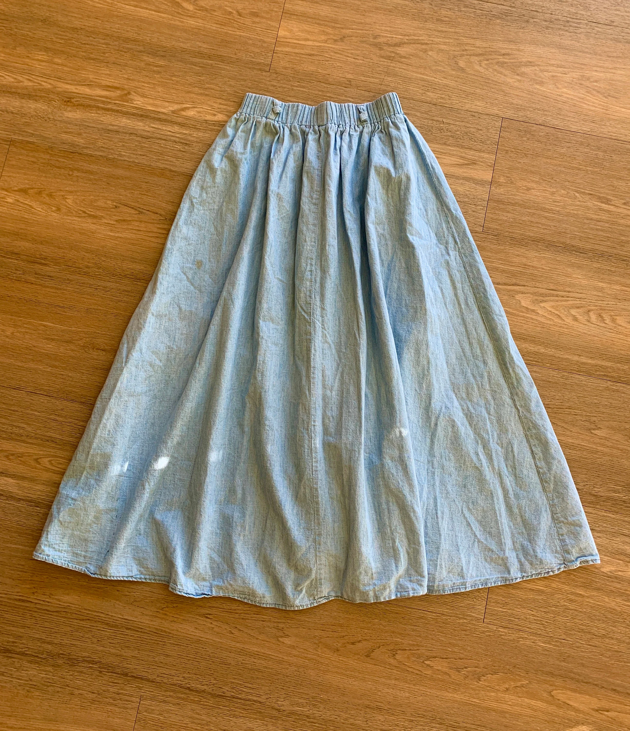 Vintage 80s Cotton Denim Full Elastic Waist Midi Skirt Sz S / M by Fritzi of California - Image 5