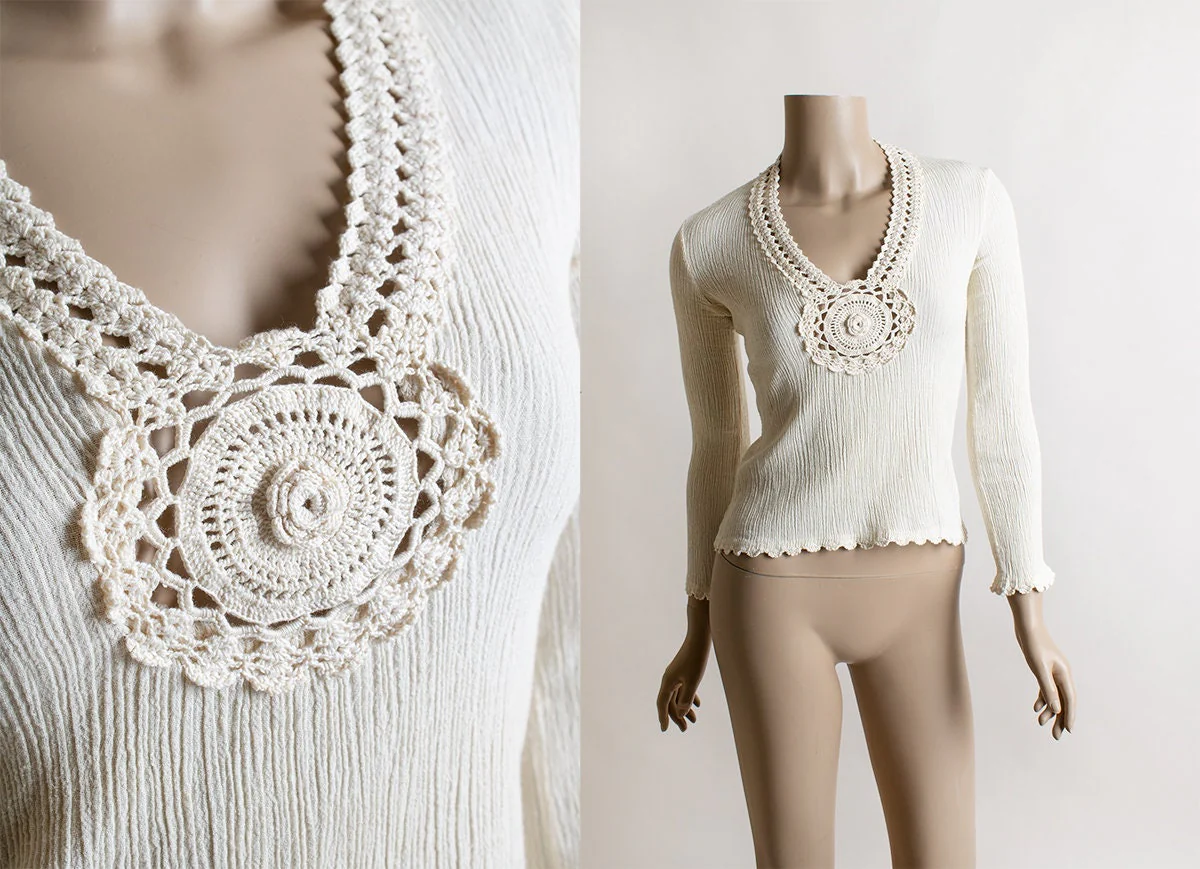 Vintage 80s Crinkle Gauze Blouse Ivory White Textured Crochet Medallion Long Sleeve Balkan San Francisco Small by Balkan - Image 3