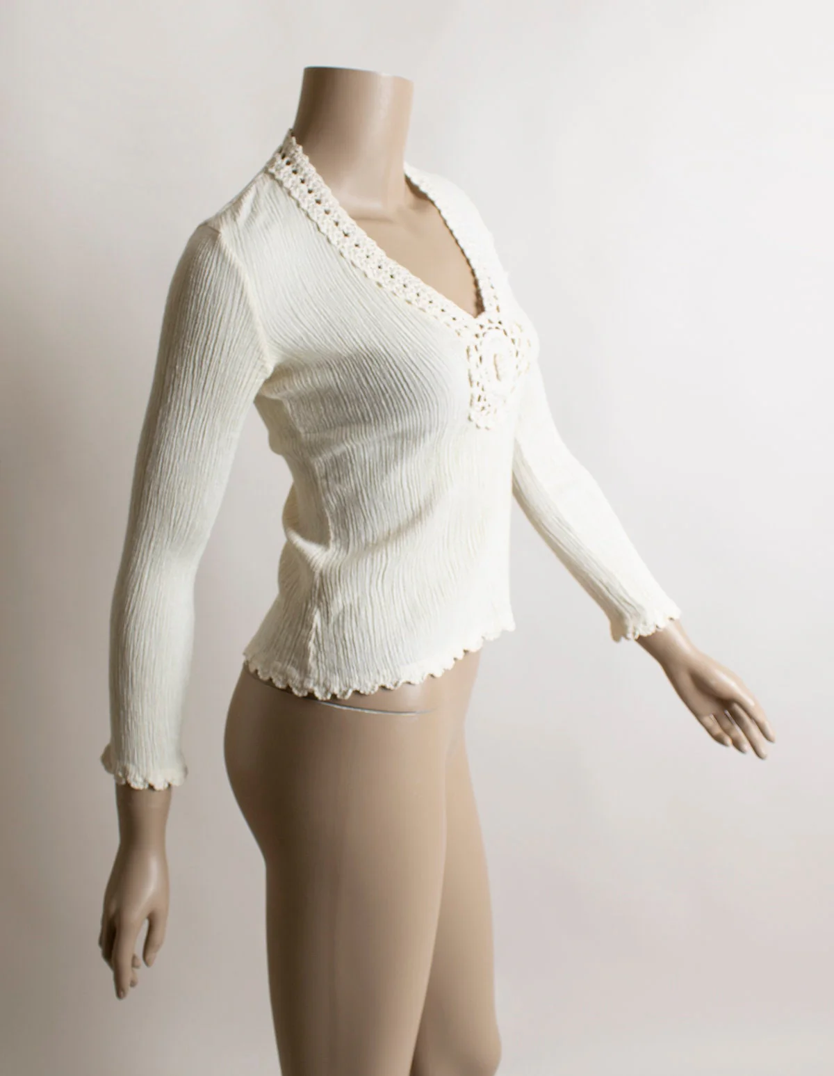 Vintage 80s Crinkle Gauze Blouse Ivory White Textured Crochet Medallion Long Sleeve Balkan San Francisco Small by Balkan - Image 5