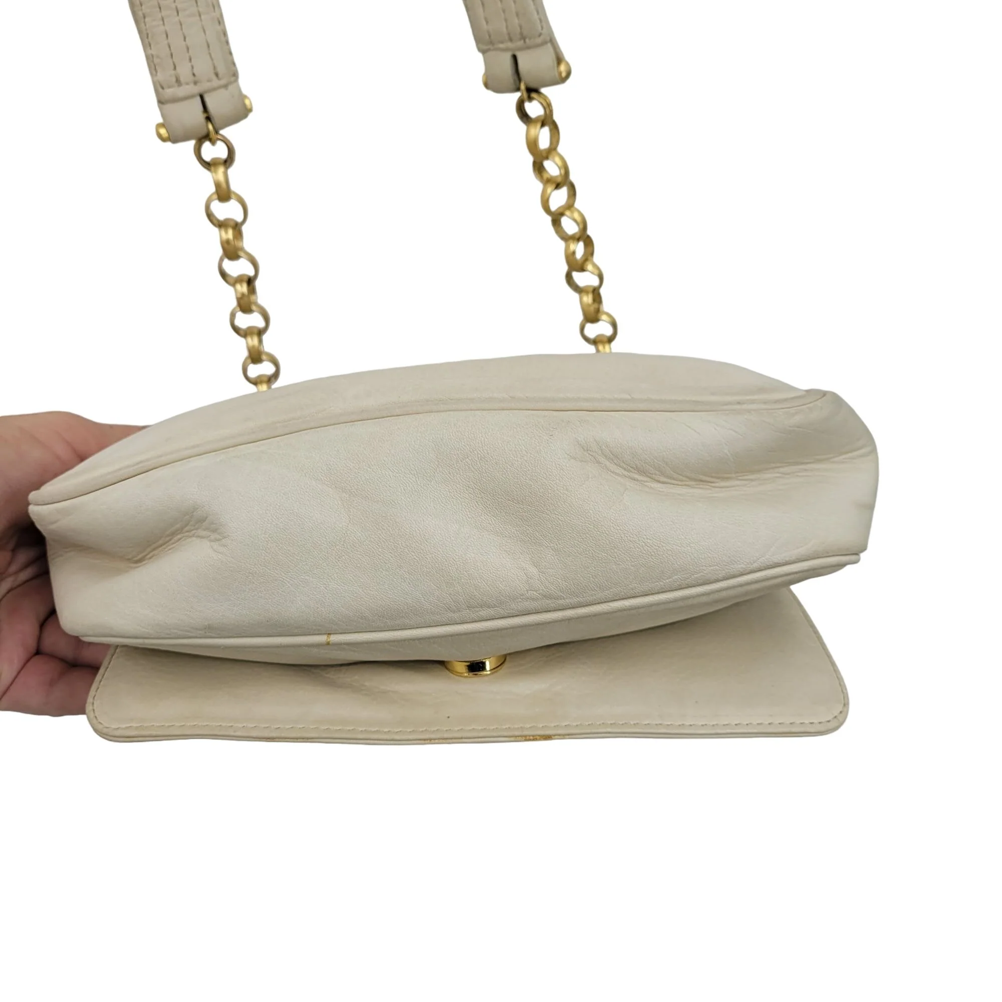 Vintage 80s Crossbody Bag Leather Quilted Gold Chain Cream by Jay Herbert by Sharif - Image 10