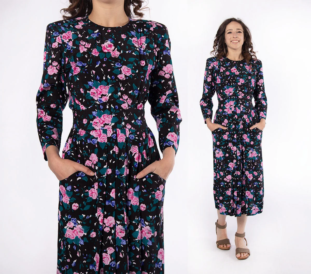 Vintage 80s Dark Floral Pastel Pink Cabbage Rose Print Long Sleeve Dress by Karin Stevens - Image 2