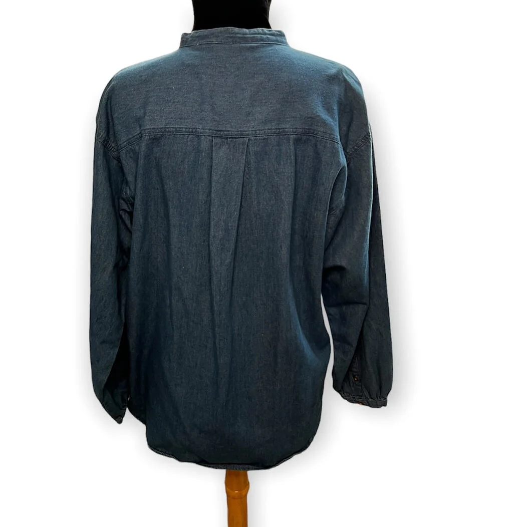 Vintage 80s Denim Blue Button Down Long Sleeve Tuxedo Shirt Ruffle Large by Gitano - Image 2