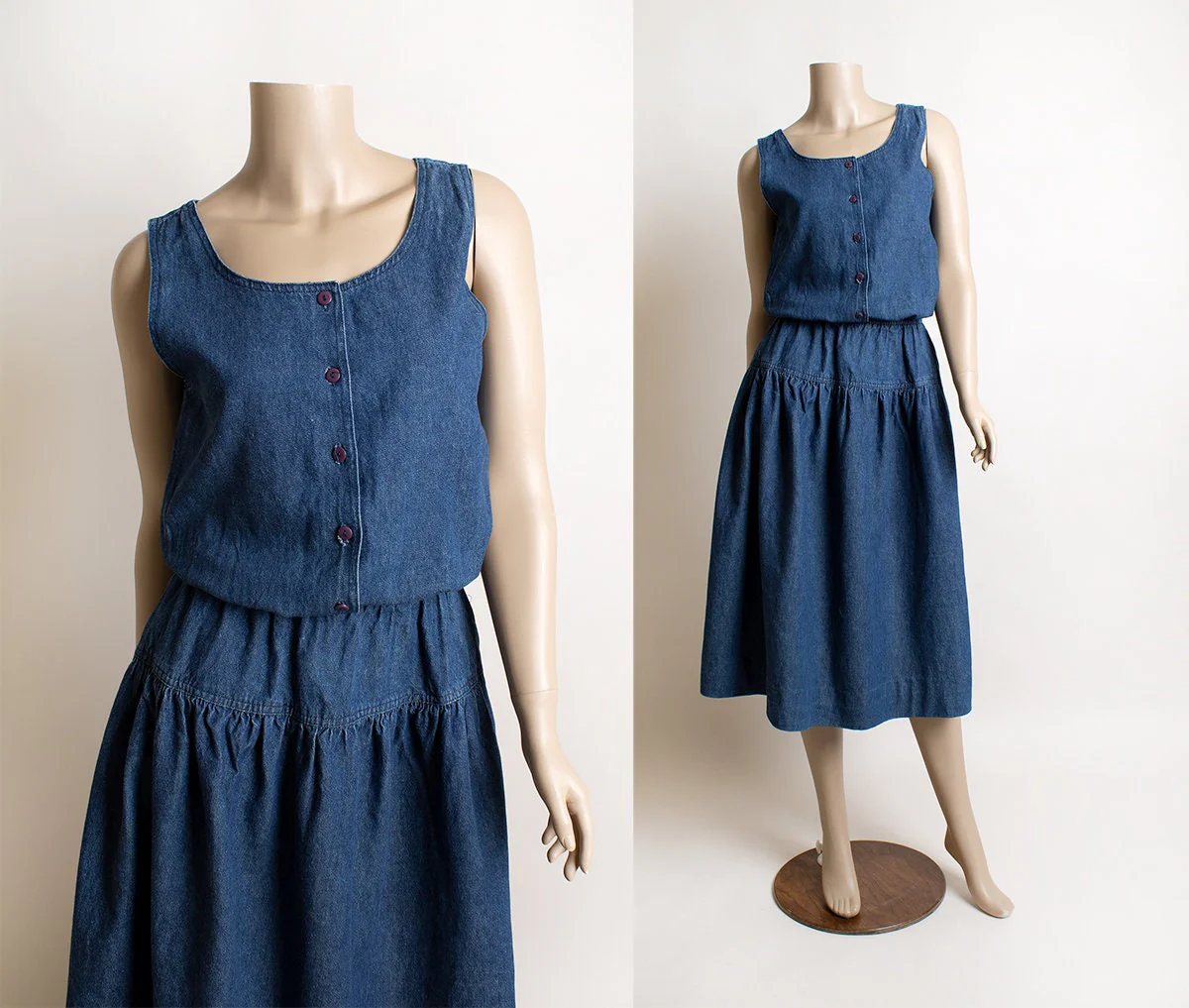 Vintage 80s Denim Button Up Tiered Skirt Sleeveless Blousy Jumper Jean Dress by Alpenblick - Image 3