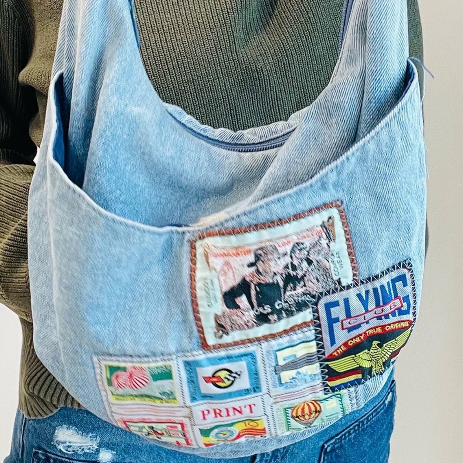 Vintage 80s Denim Crossbody Purse with Patches Retro Style Cotton Shoulder Strap by American Vintage - Image 5