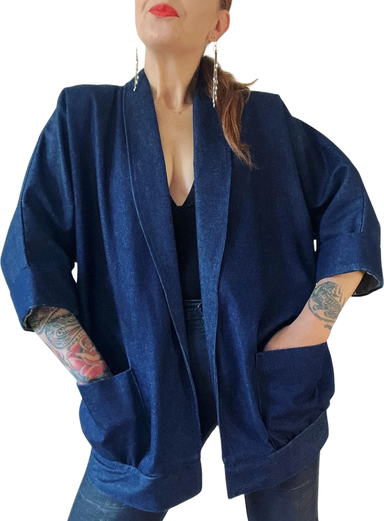 Vintage 80s Denim Dolman Sleeve Cocoon Coat with Shawl Collar by Jaylan Of California