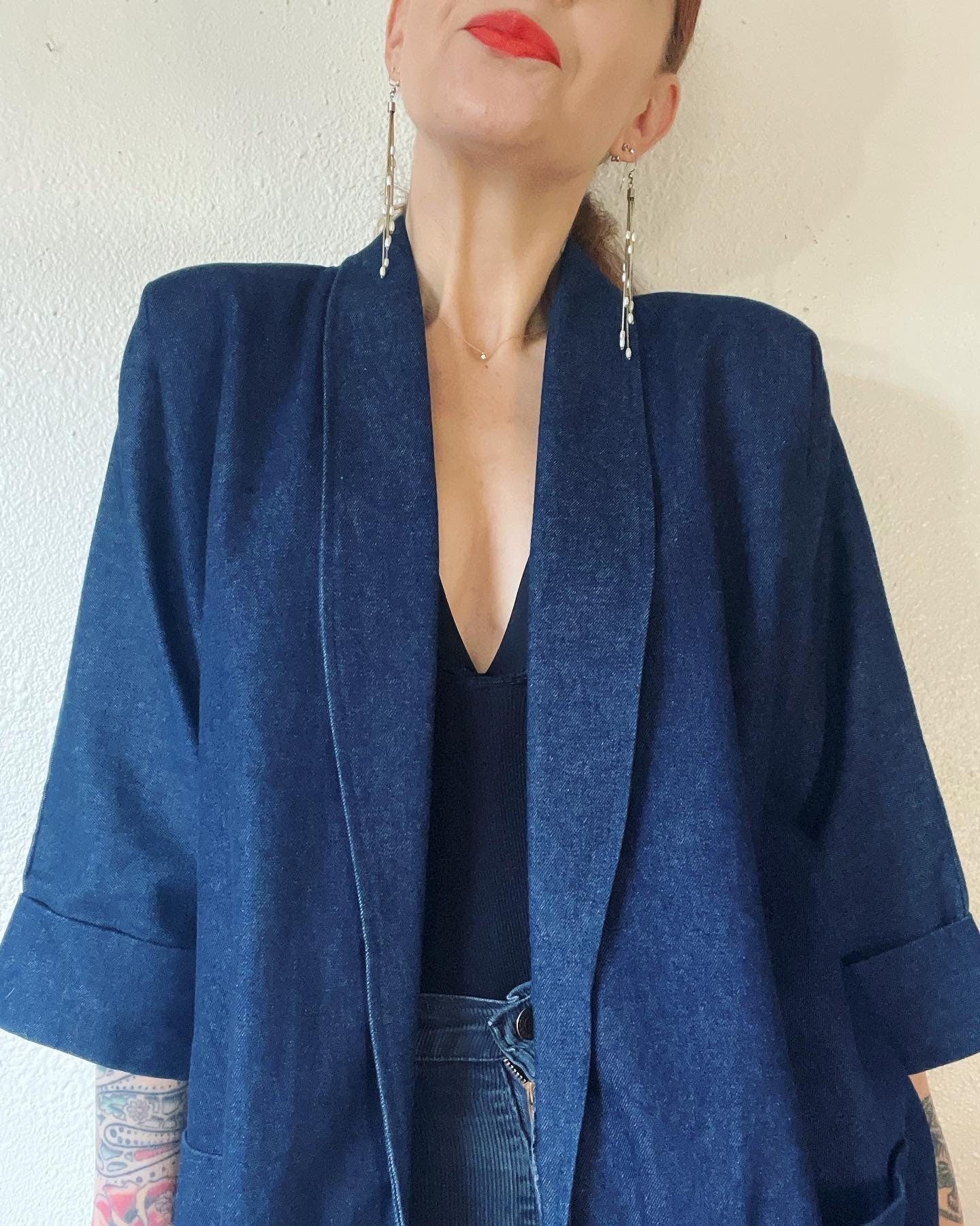 Vintage 80s Denim Dolman Sleeve Cocoon Coat with Shawl Collar by Jaylan Of California - Image 7