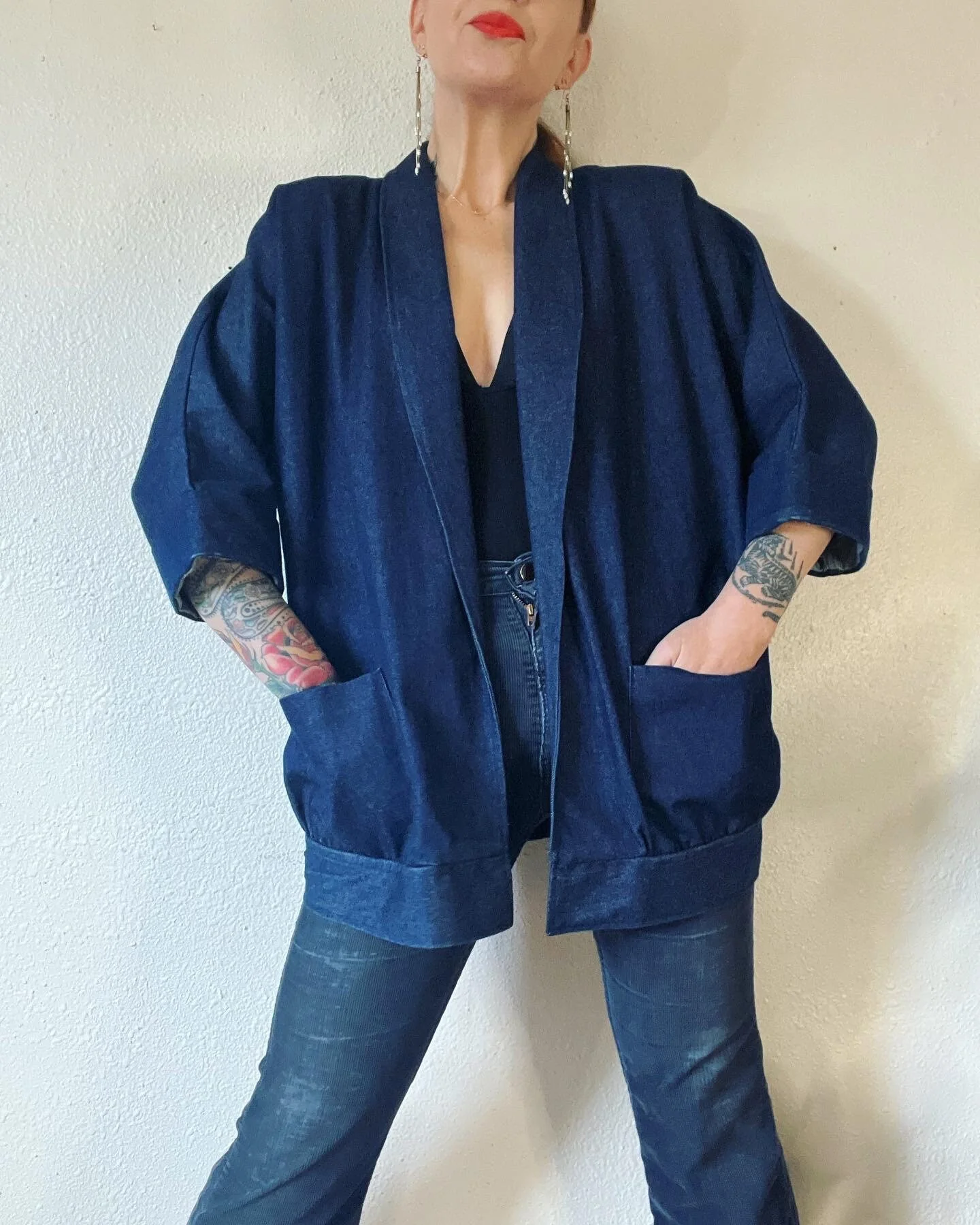 Vintage 80s Denim Dolman Sleeve Cocoon Coat with Shawl Collar by Jaylan Of California - Image 8