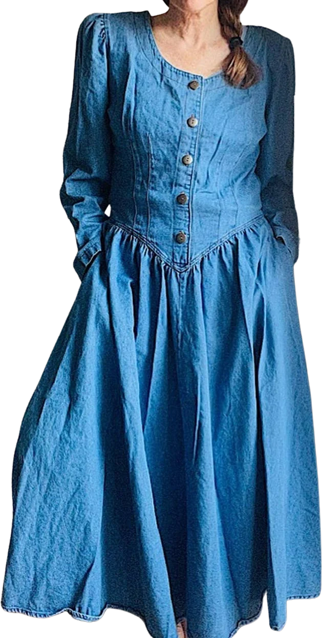 Vintage 80s Denim Dress Full Swing Skirt Long Sleeve M/l Fit Made Usa Pockets by Chorus Blues