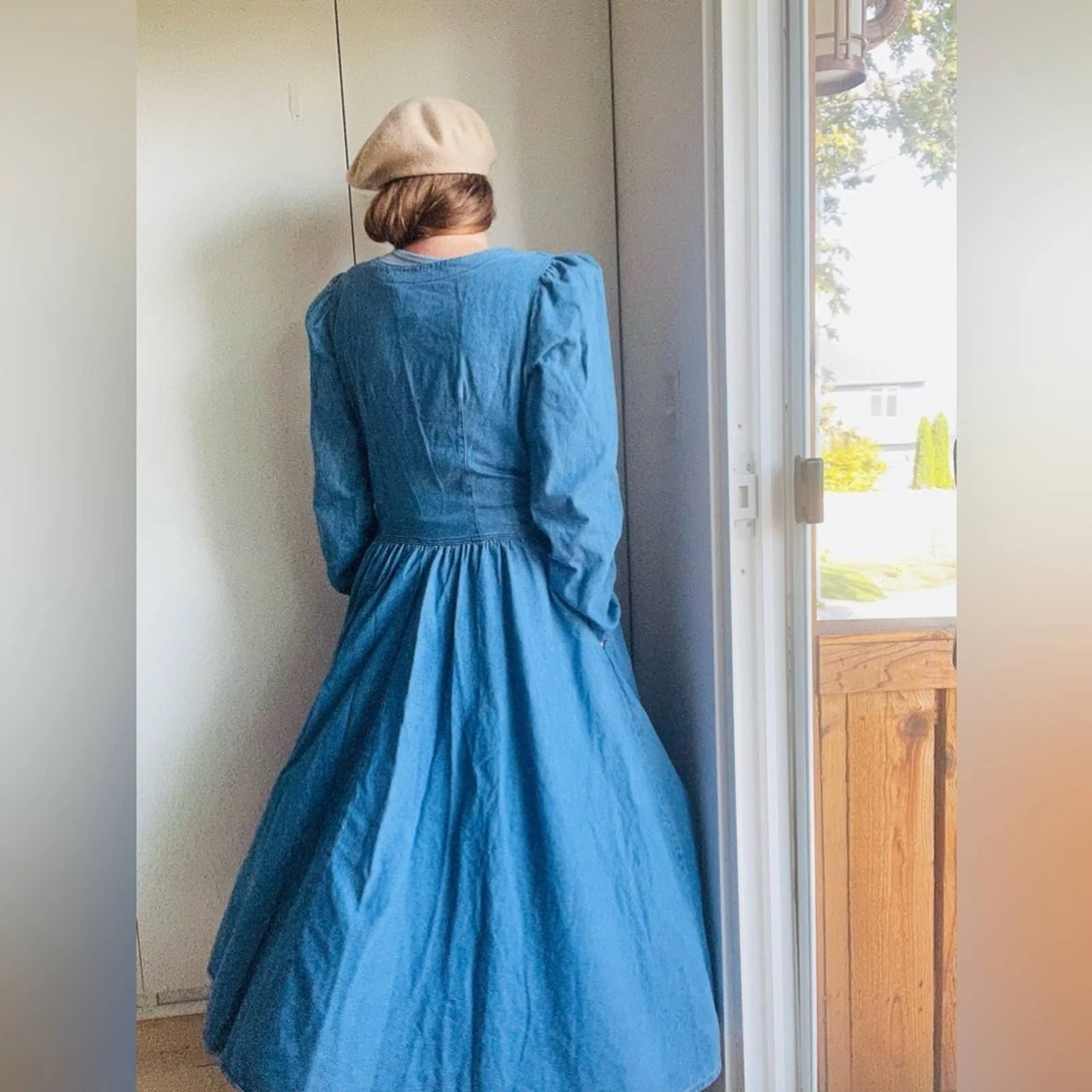 Vintage 80s Denim Dress Full Swing Skirt Long Sleeve M/l Fit Made Usa Pockets by Chorus Blues - Image 10