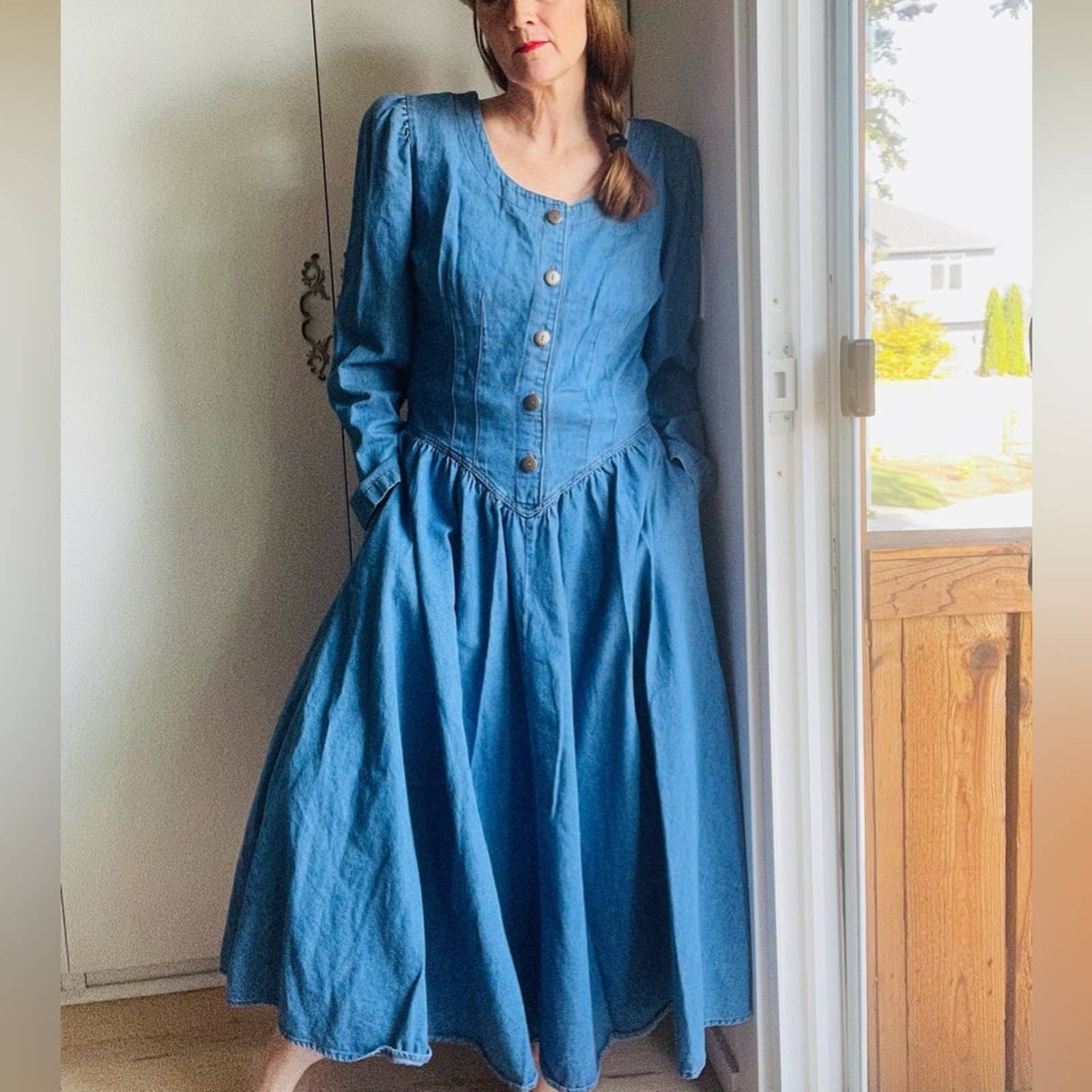 Vintage 80s Denim Dress Full Swing Skirt Long Sleeve M/l Fit Made Usa Pockets by Chorus Blues - Image 11