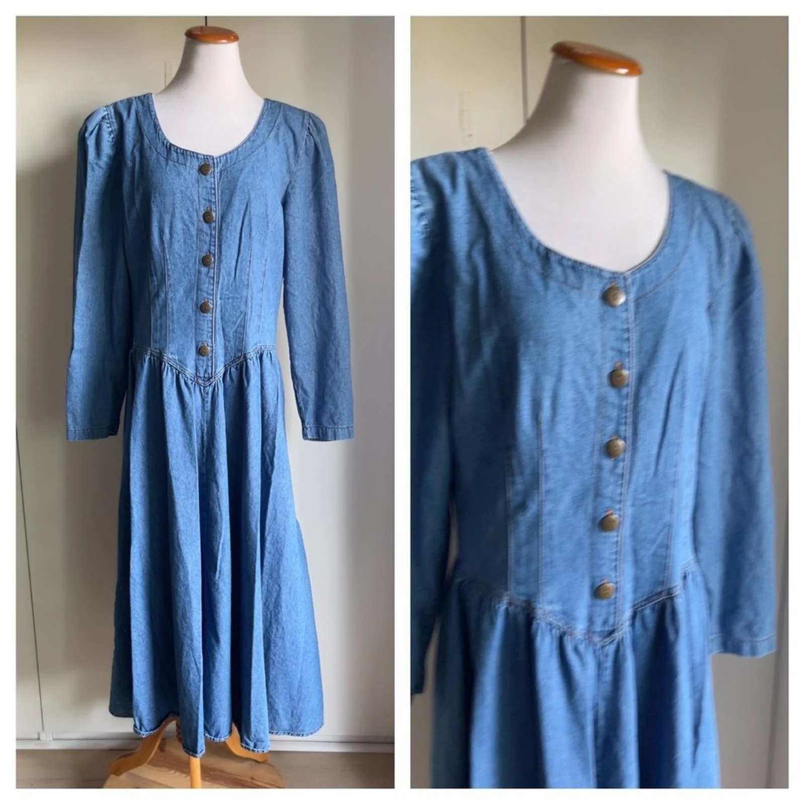 Vintage 80s Denim Dress Full Swing Skirt Long Sleeve M/l Fit Made Usa Pockets by Chorus Blues - Image 2