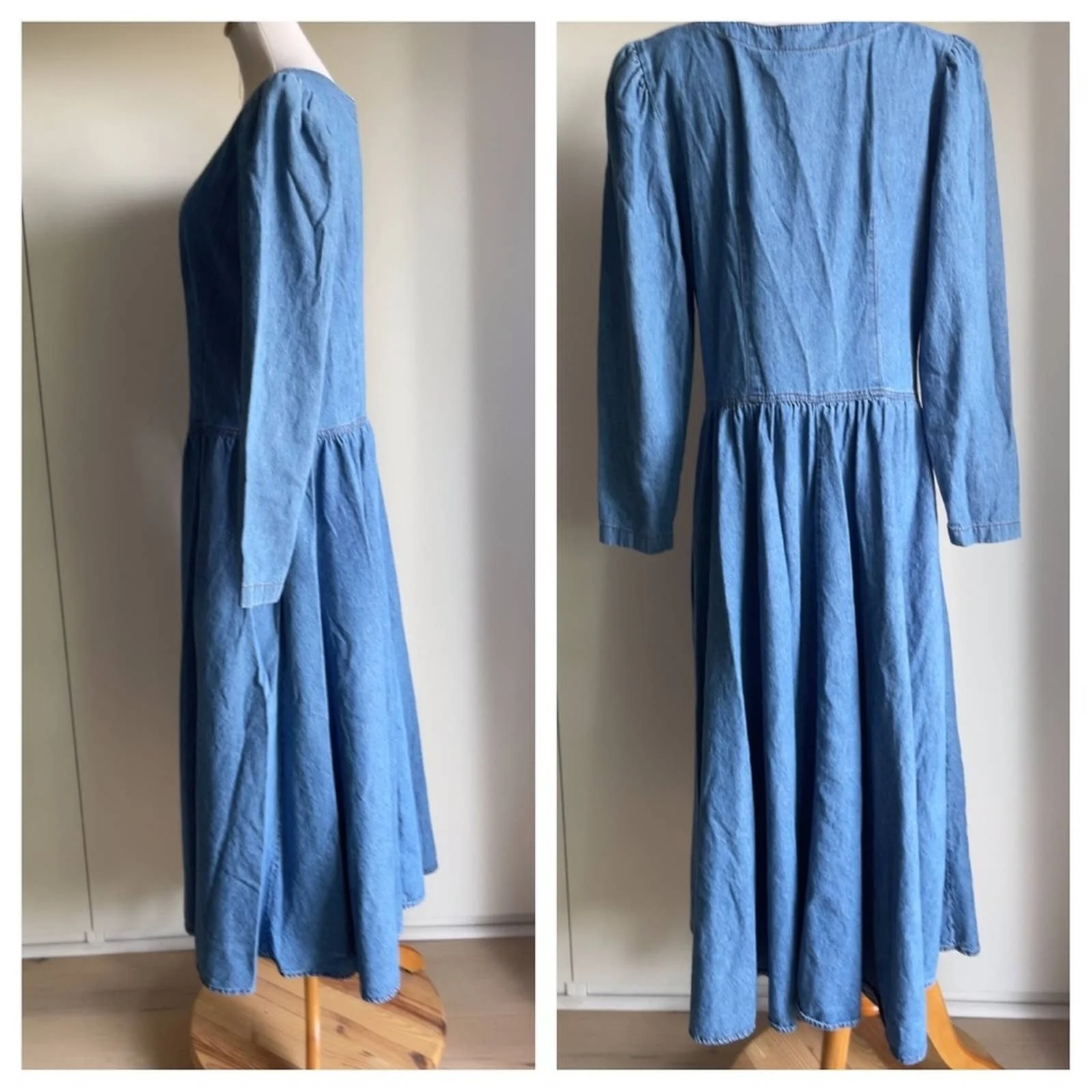 Vintage 80s Denim Dress Full Swing Skirt Long Sleeve M/l Fit Made Usa Pockets by Chorus Blues - Image 3
