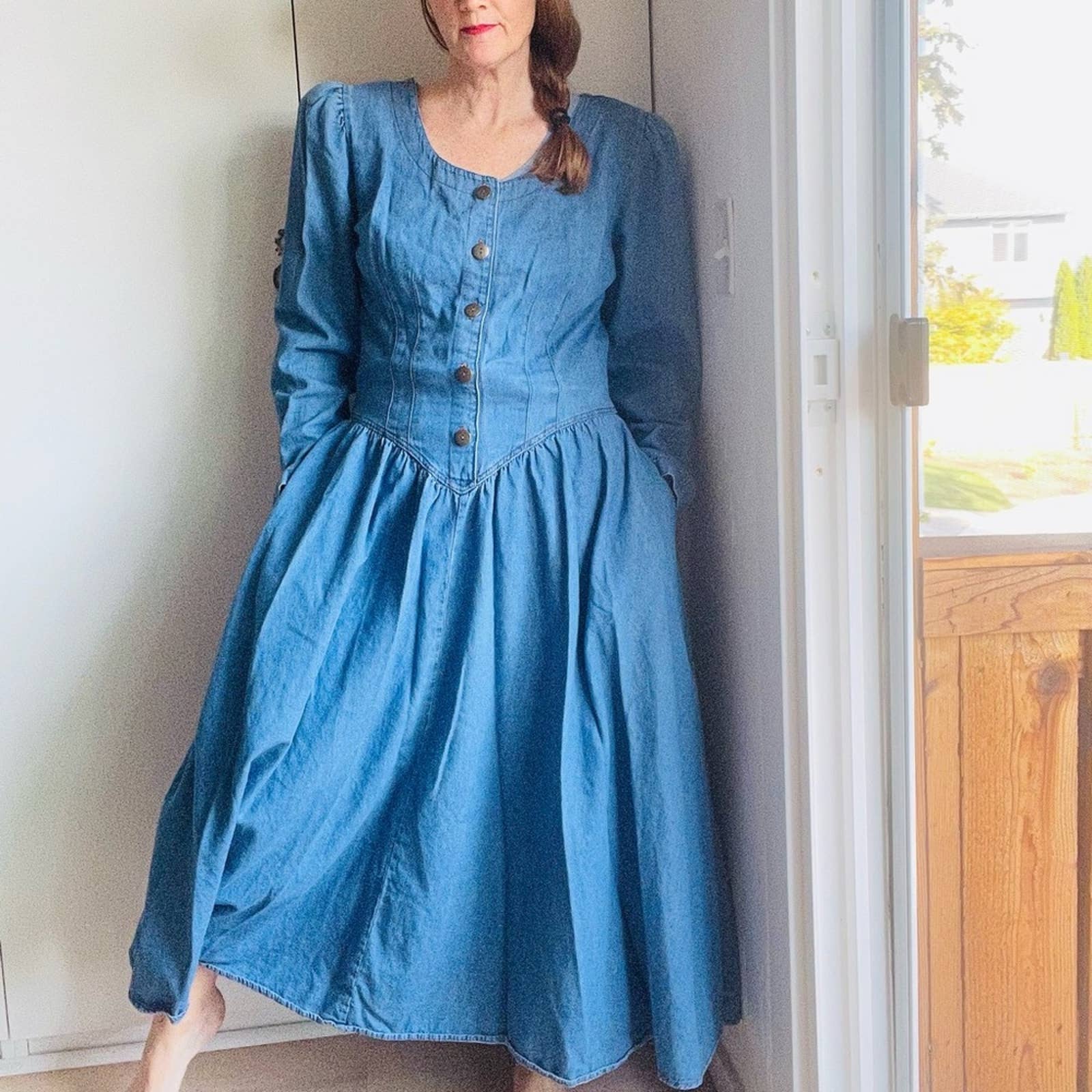 Vintage 80s Denim Dress Full Swing Skirt Long Sleeve M/l Fit Made Usa Pockets by Chorus Blues - Image 6