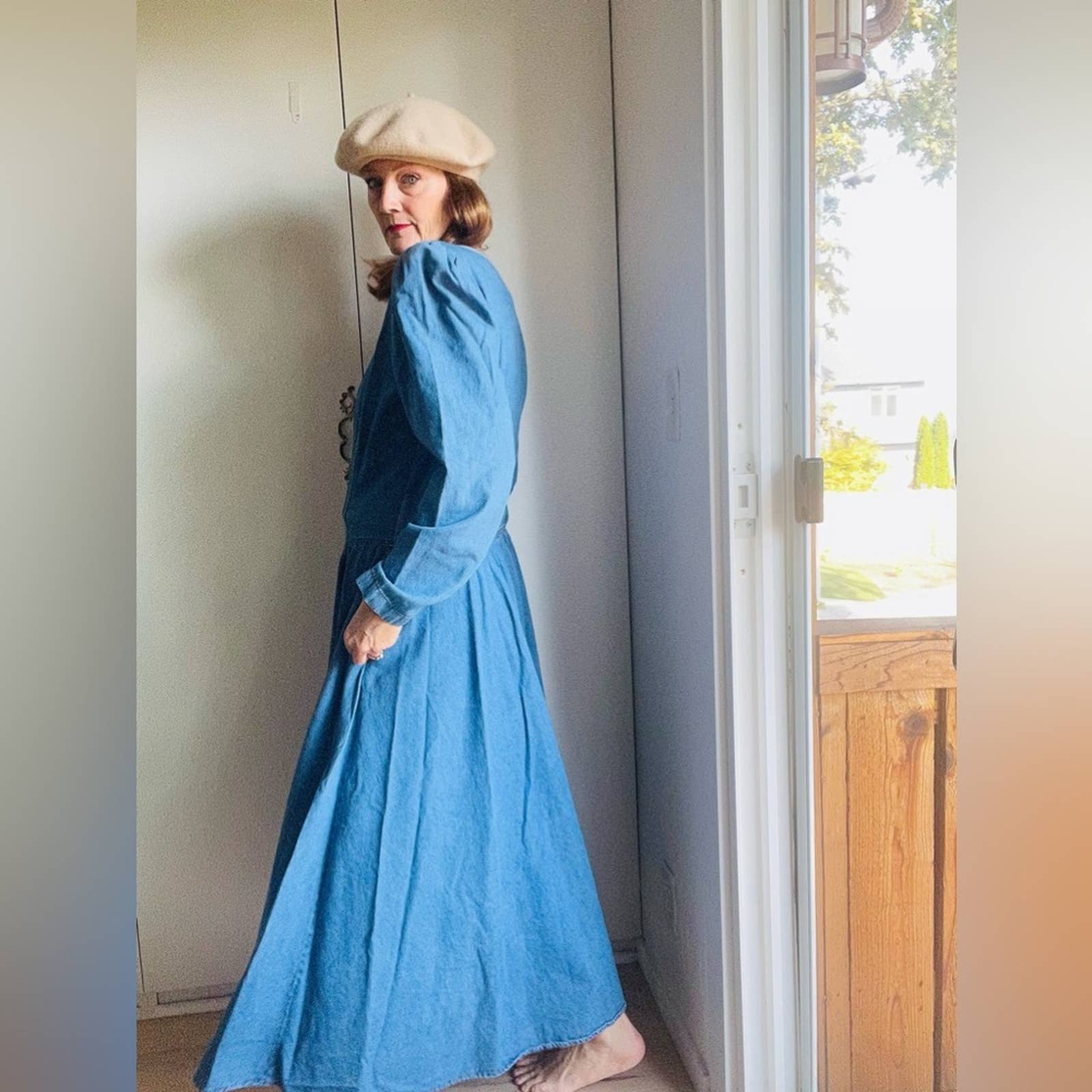 Vintage 80s Denim Dress Full Swing Skirt Long Sleeve M/l Fit Made Usa Pockets by Chorus Blues - Image 7