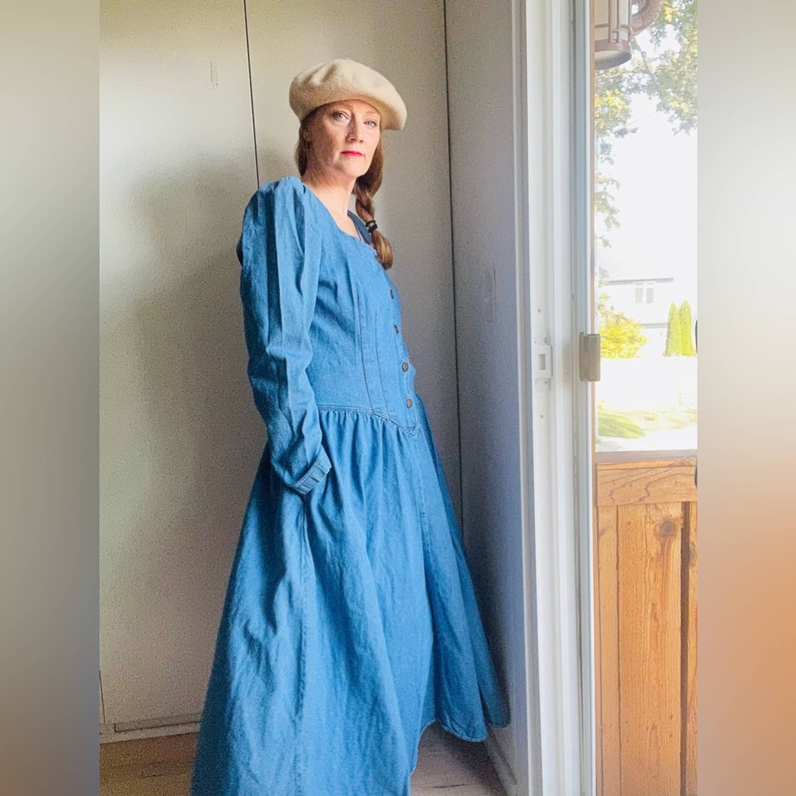 Vintage 80s Denim Dress Full Swing Skirt Long Sleeve M/l Fit Made Usa Pockets by Chorus Blues - Image 8
