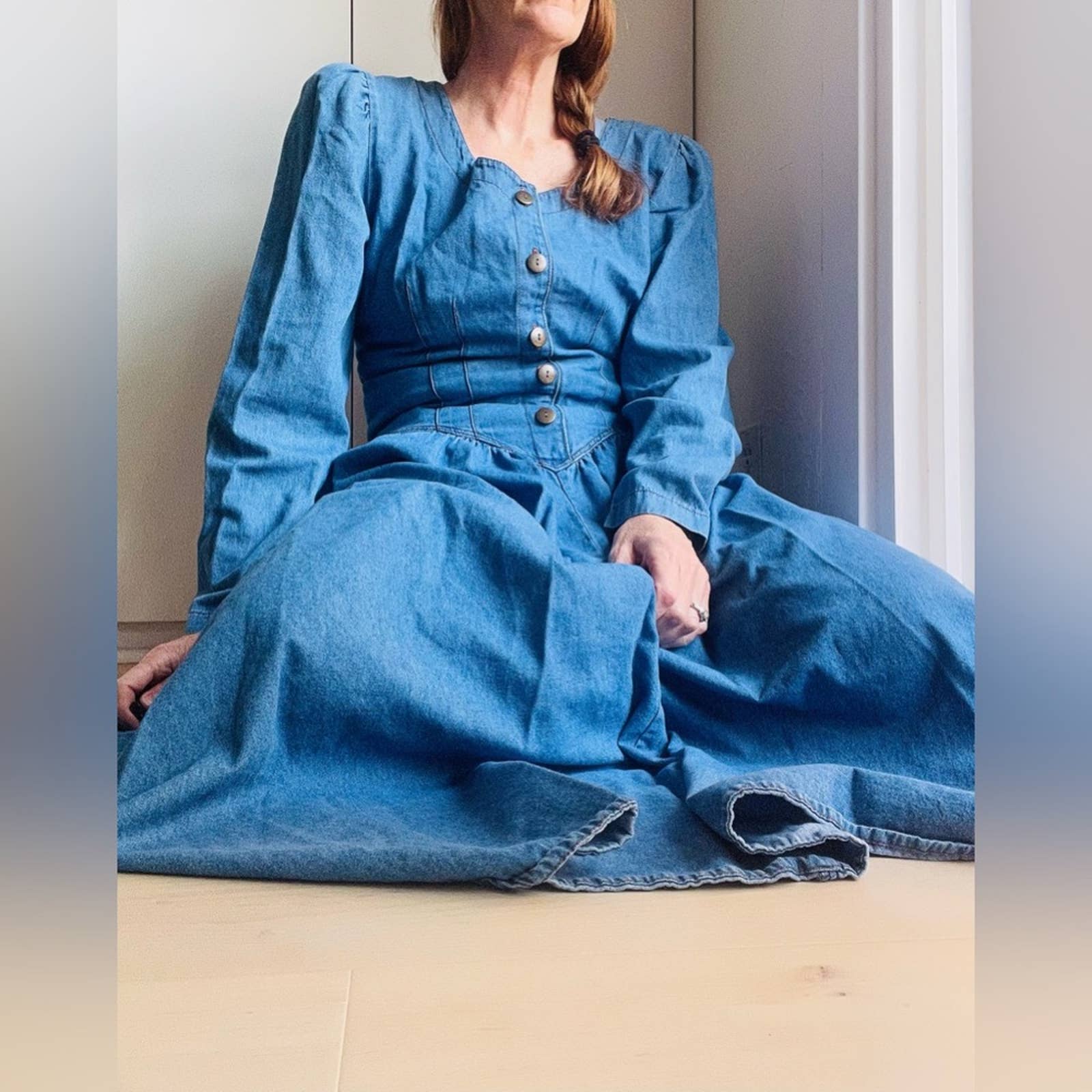 Vintage 80s Denim Dress Full Swing Skirt Long Sleeve M/l Fit Made Usa Pockets by Chorus Blues - Image 9
