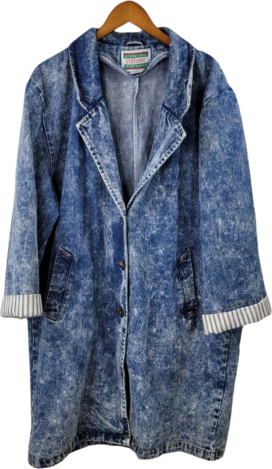 Vintage 80s Denim Trench Coat Jacket Blue Jean Size 16 Duster Acid Wash Western by Stefano