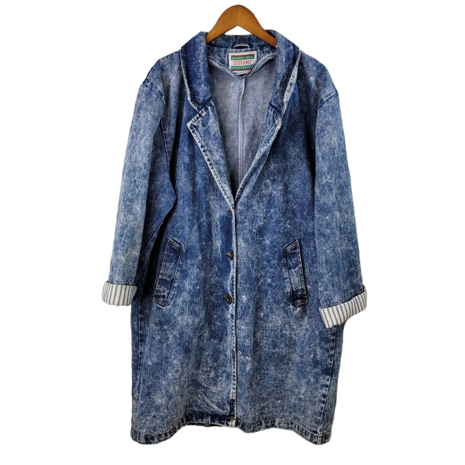 Vintage 80s Denim Trench Coat Jacket Blue Jean Size 16 Duster Acid Wash Western by Stefano - Image 3