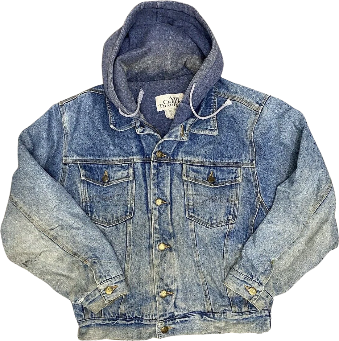 Vintage 80s Denim Trucker Jacket Trashed Lined Hooded M Chore Barn Work Blue by Ash Creek Trading