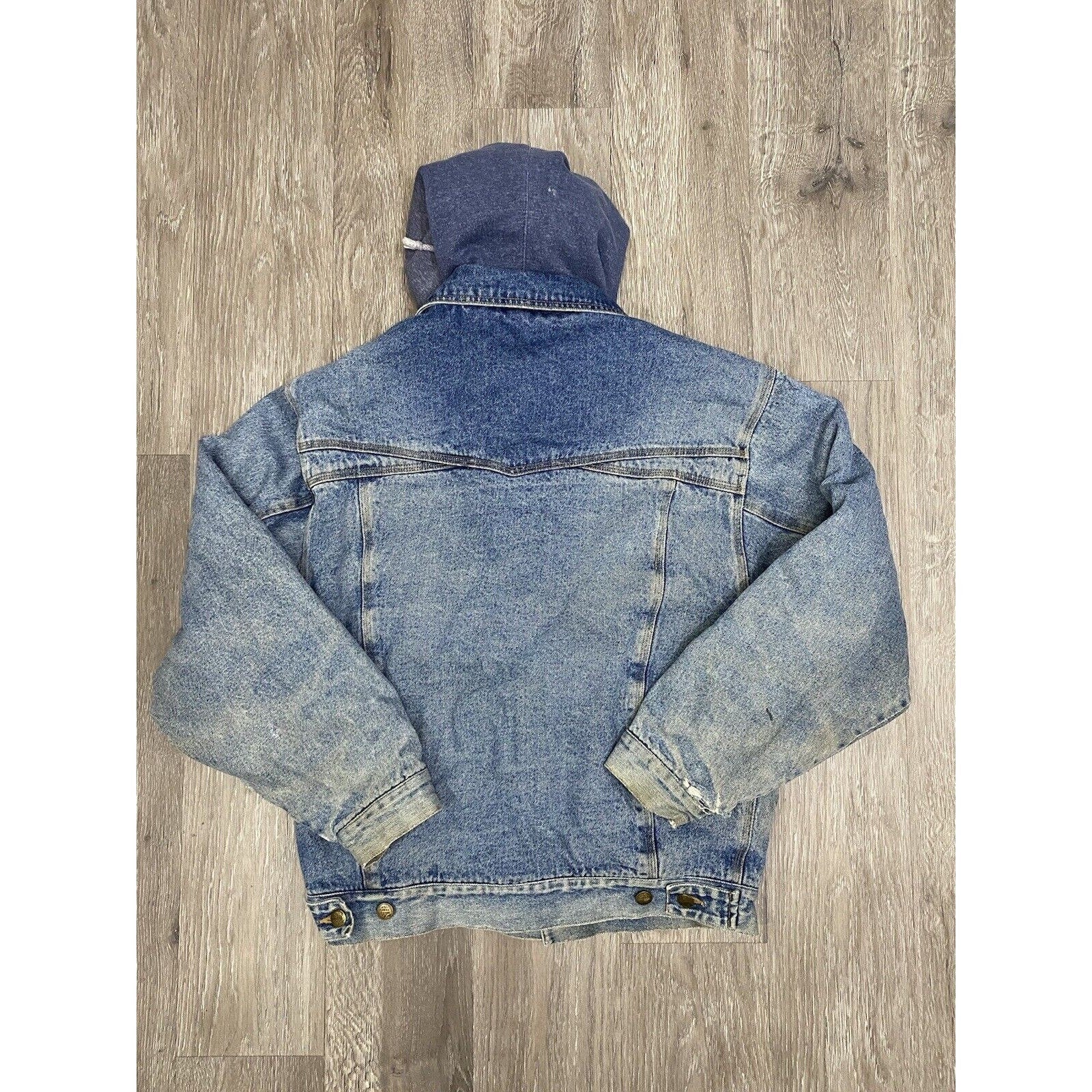 Vintage 80s Denim Trucker Jacket Trashed Lined Hooded M Chore Barn Work Blue by Ash Creek Trading - Image 2