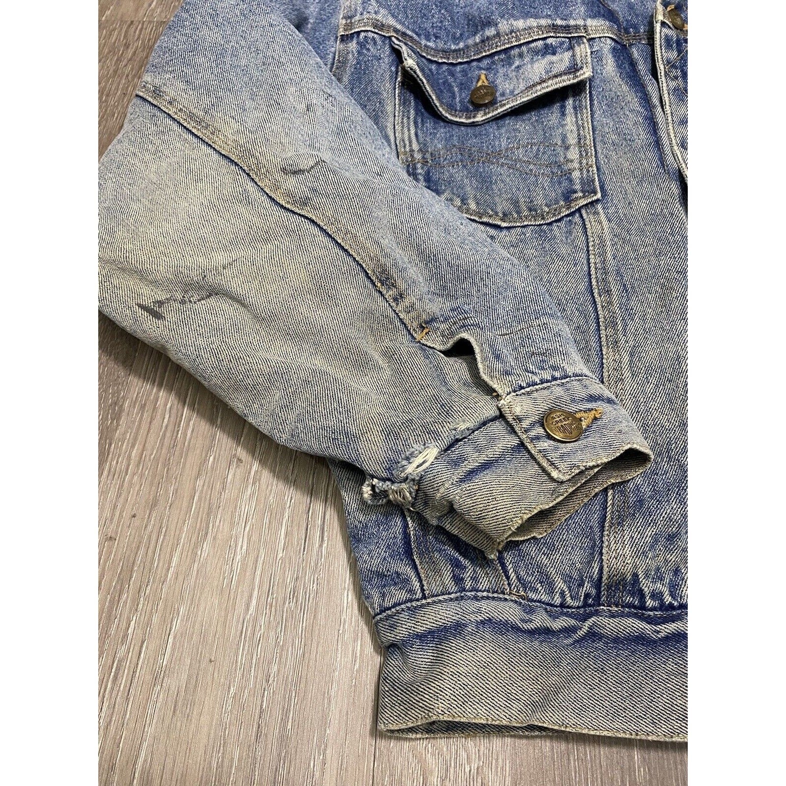 Vintage 80s Denim Trucker Jacket Trashed Lined Hooded M Chore Barn Work Blue by Ash Creek Trading - Image 3
