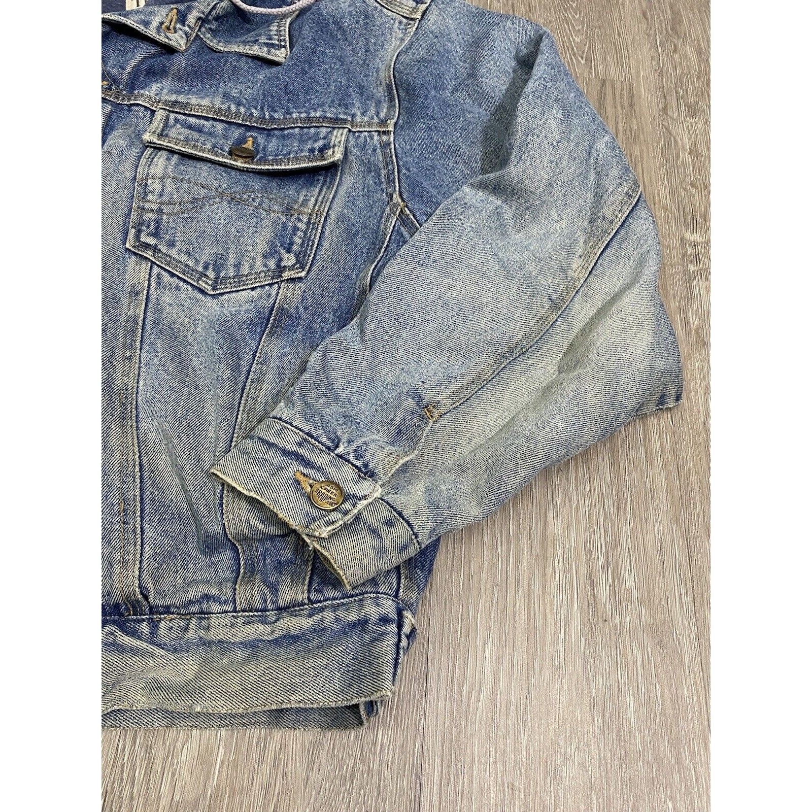 Vintage 80s Denim Trucker Jacket Trashed Lined Hooded M Chore Barn Work Blue by Ash Creek Trading - Image 4