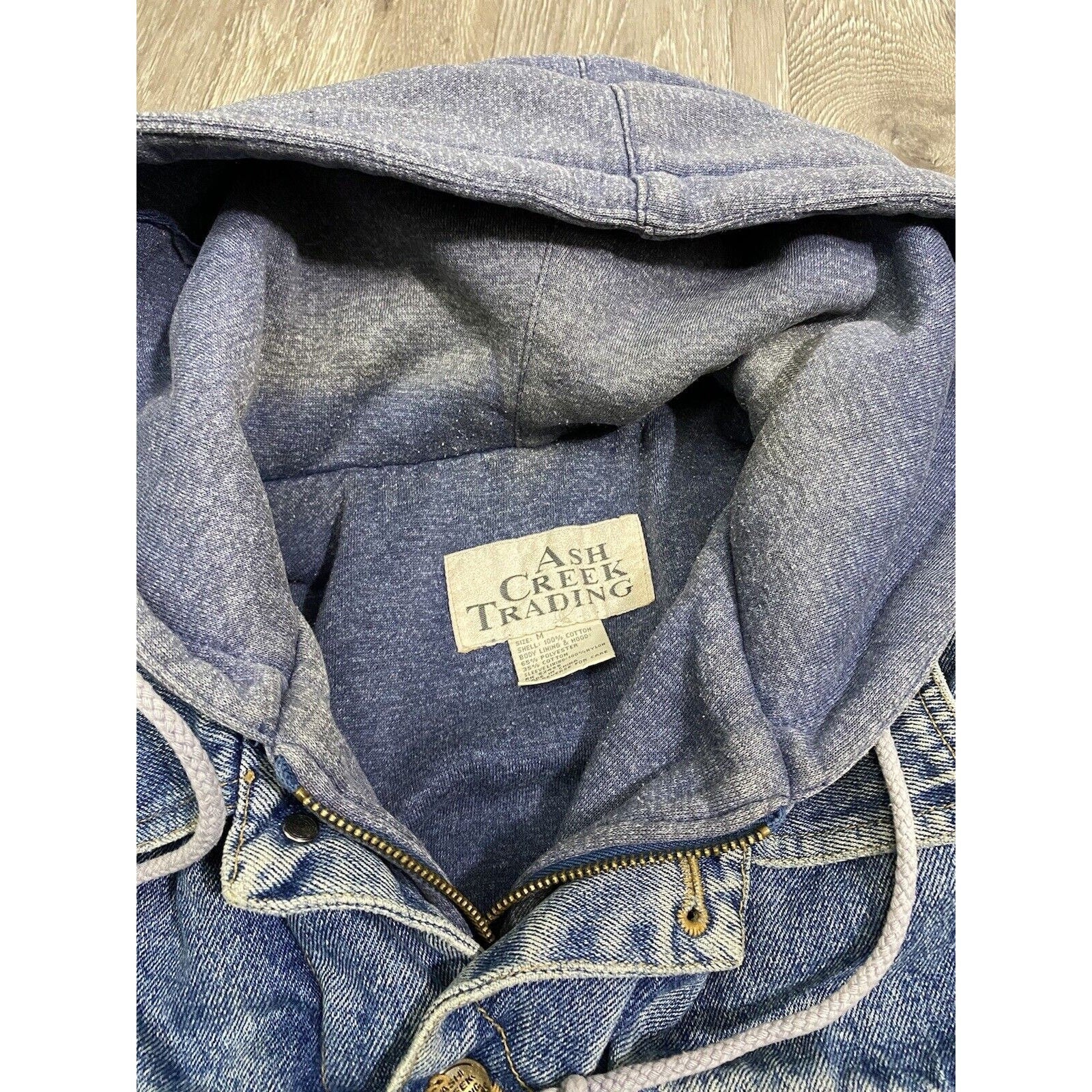 Vintage 80s Denim Trucker Jacket Trashed Lined Hooded M Chore Barn Work Blue by Ash Creek Trading - Image 8