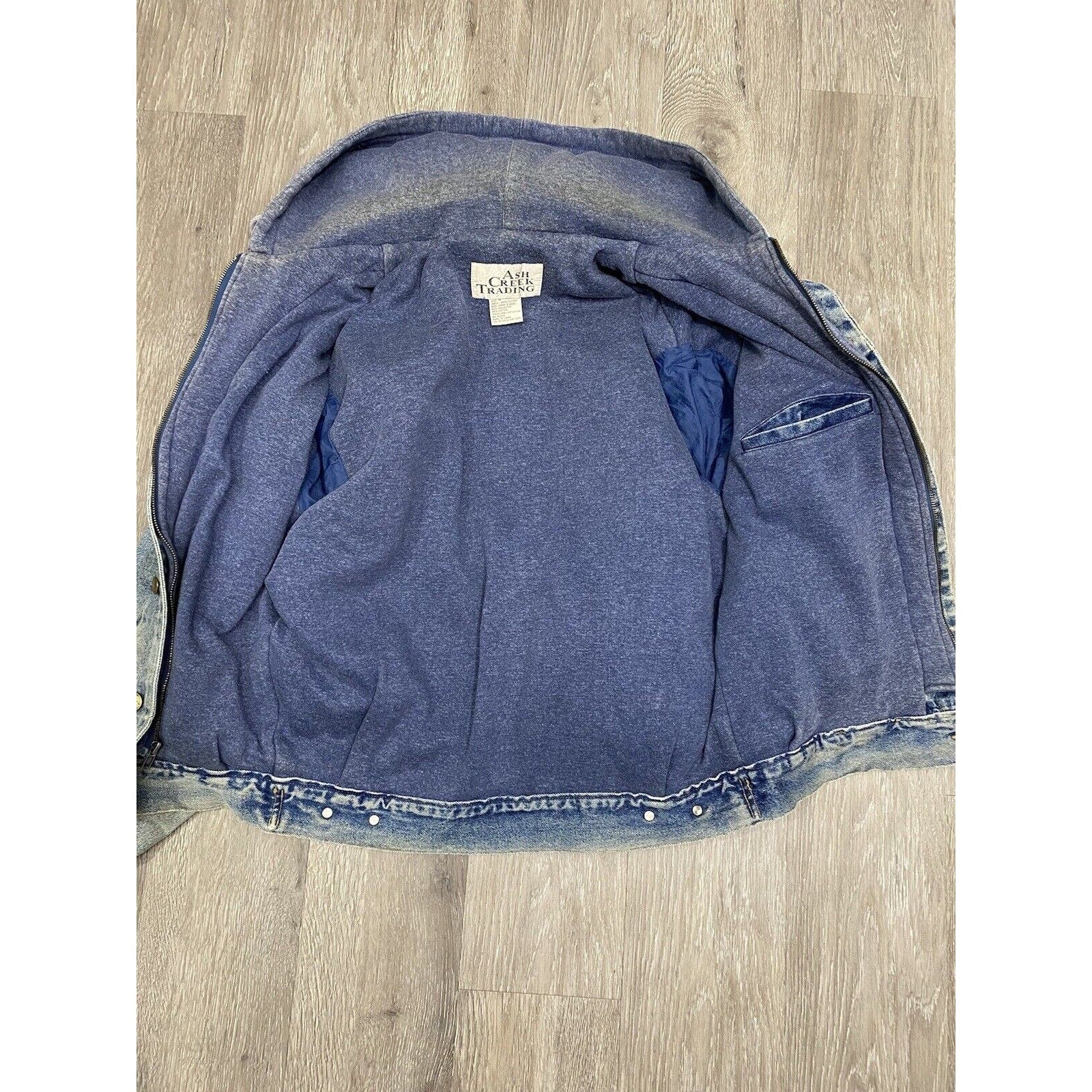 Vintage 80s Denim Trucker Jacket Trashed Lined Hooded M Chore Barn Work Blue by Ash Creek Trading - Image 9