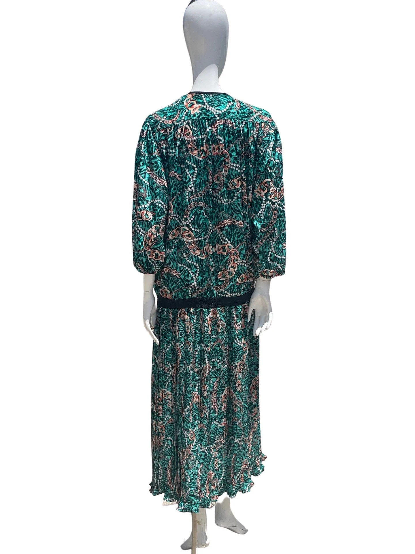 Vintage 80s Diane Freis Polyester Animal Novelty Pearls and Gold Chains Pattern Drop Waist Dress Size L by Diane Freis - Image 5