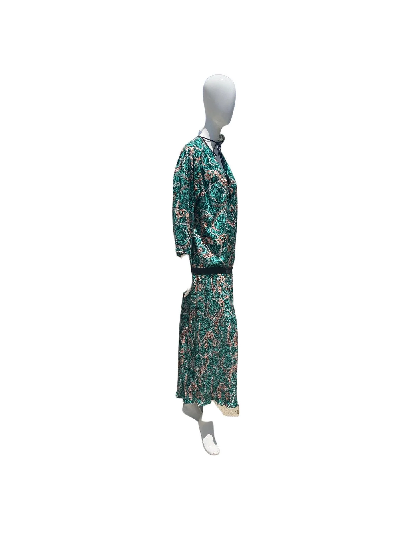 Vintage 80s Diane Freis Polyester Animal Novelty Pearls and Gold Chains Pattern Drop Waist Dress Size L by Diane Freis - Image 7