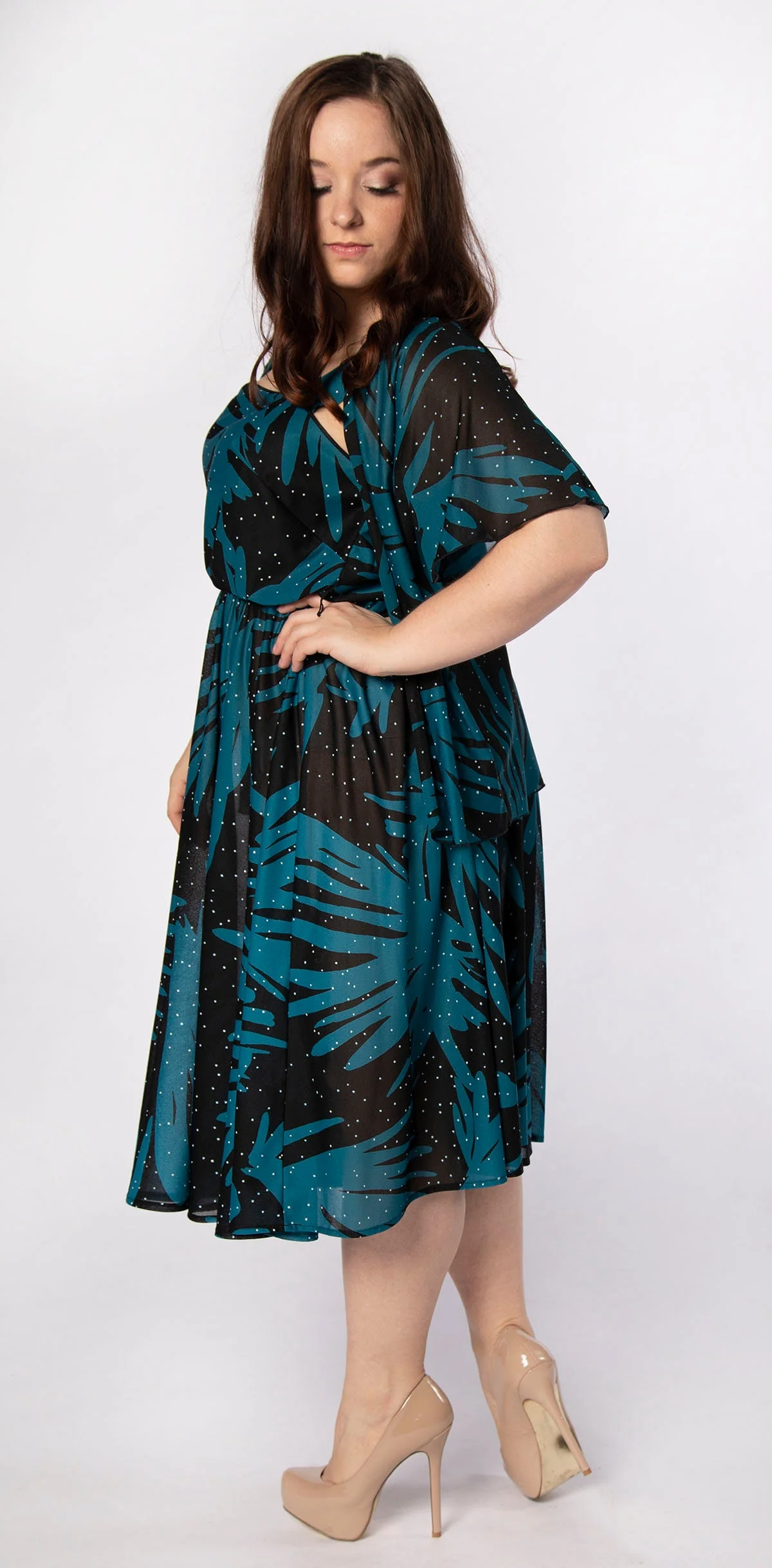 Vintage 80s Dress and Jacket Set Deep Aquamarine Blue Black Leaf Print Tropical Sheer Sundress and Matching Blouse by Super Simon - Image 3