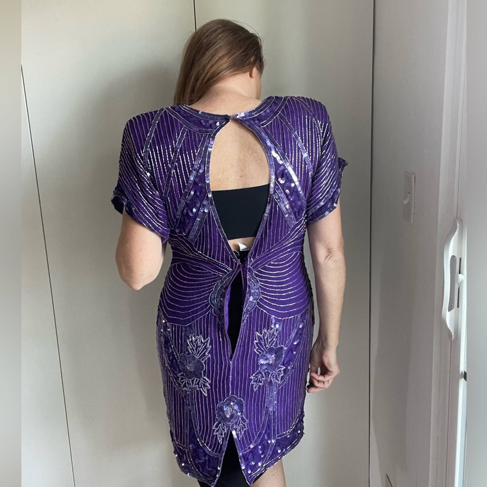 Vintage 80s Dress Fully Beaded Silk Mini Dress Great Gatsby Costume Roaring 20s - Image 4