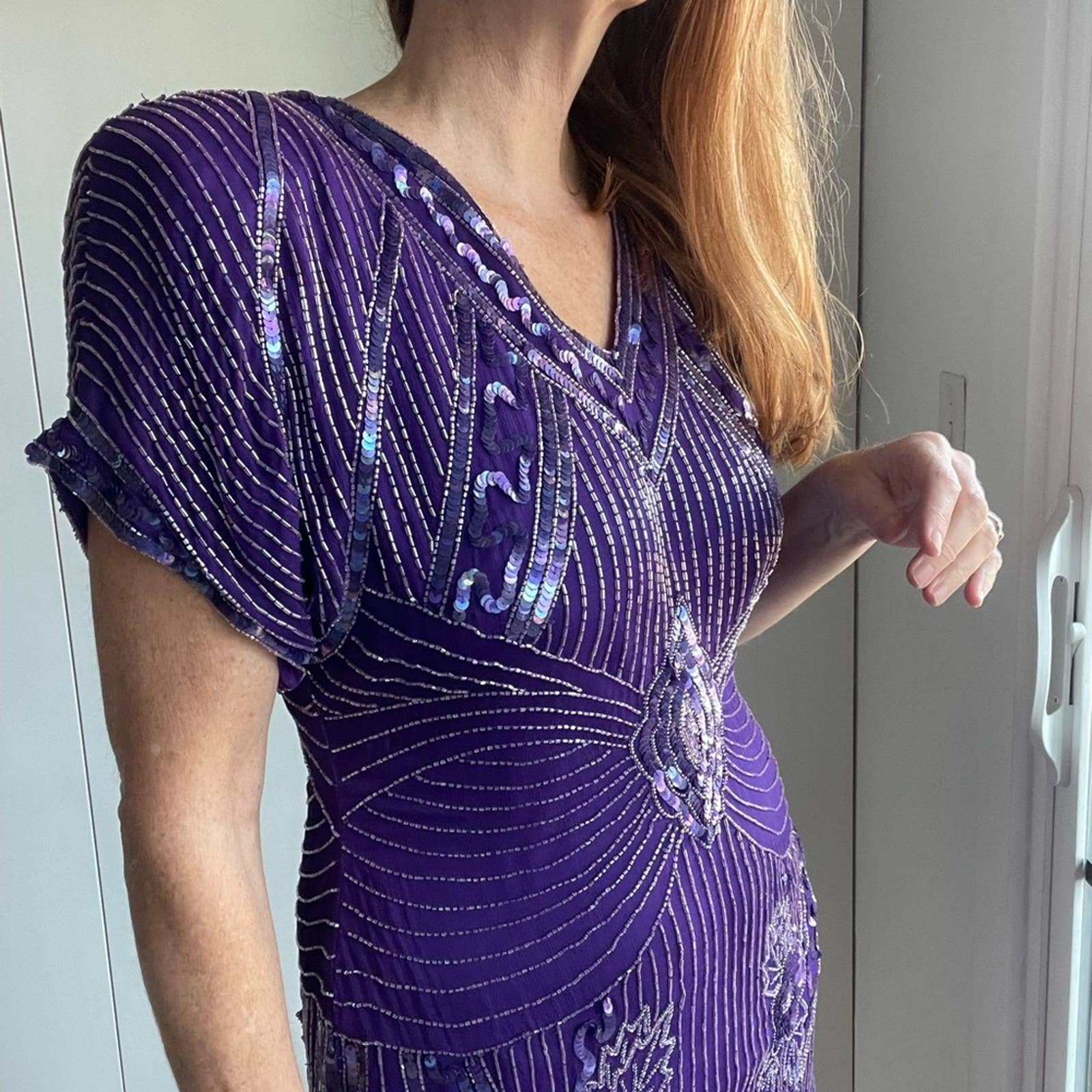 Vintage 80s Dress Fully Beaded Silk Mini Dress Great Gatsby Costume Roaring 20s - Image 5
