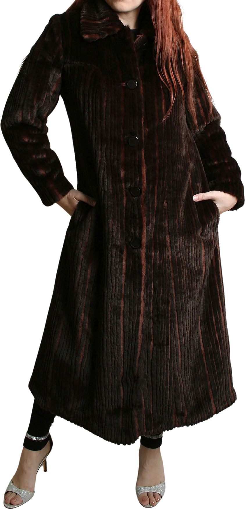 Vintage 80s Faux Fur Coat Long Striped Chocolate Brown and Caramel Copper Highlights Tsunami Esq Medium