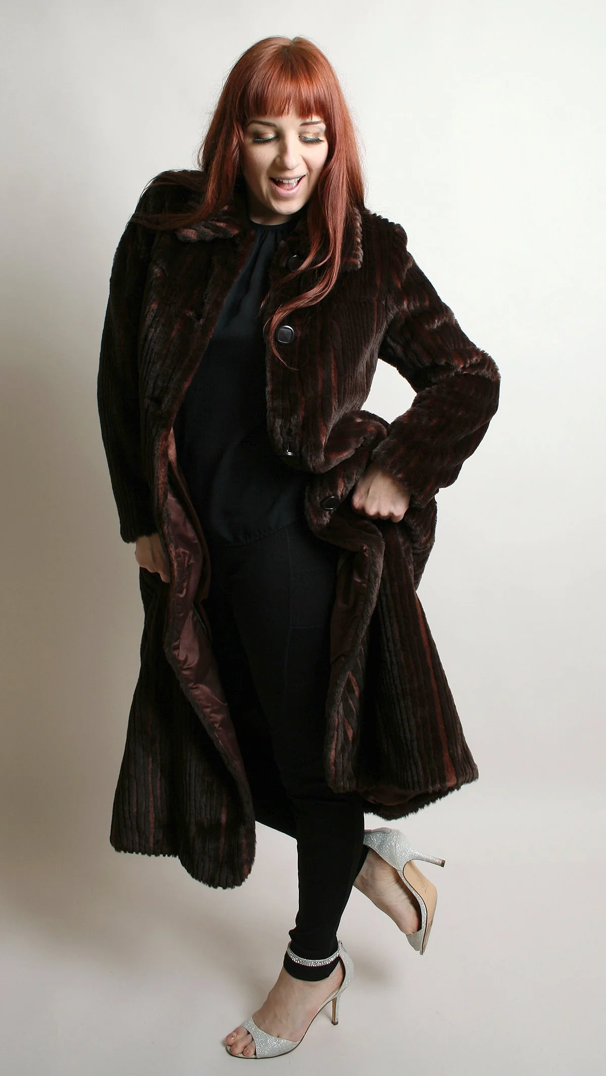 Vintage 80s Faux Fur Coat Long Striped Chocolate Brown and Caramel Copper Highlights Tsunami Esq Medium - Image 2