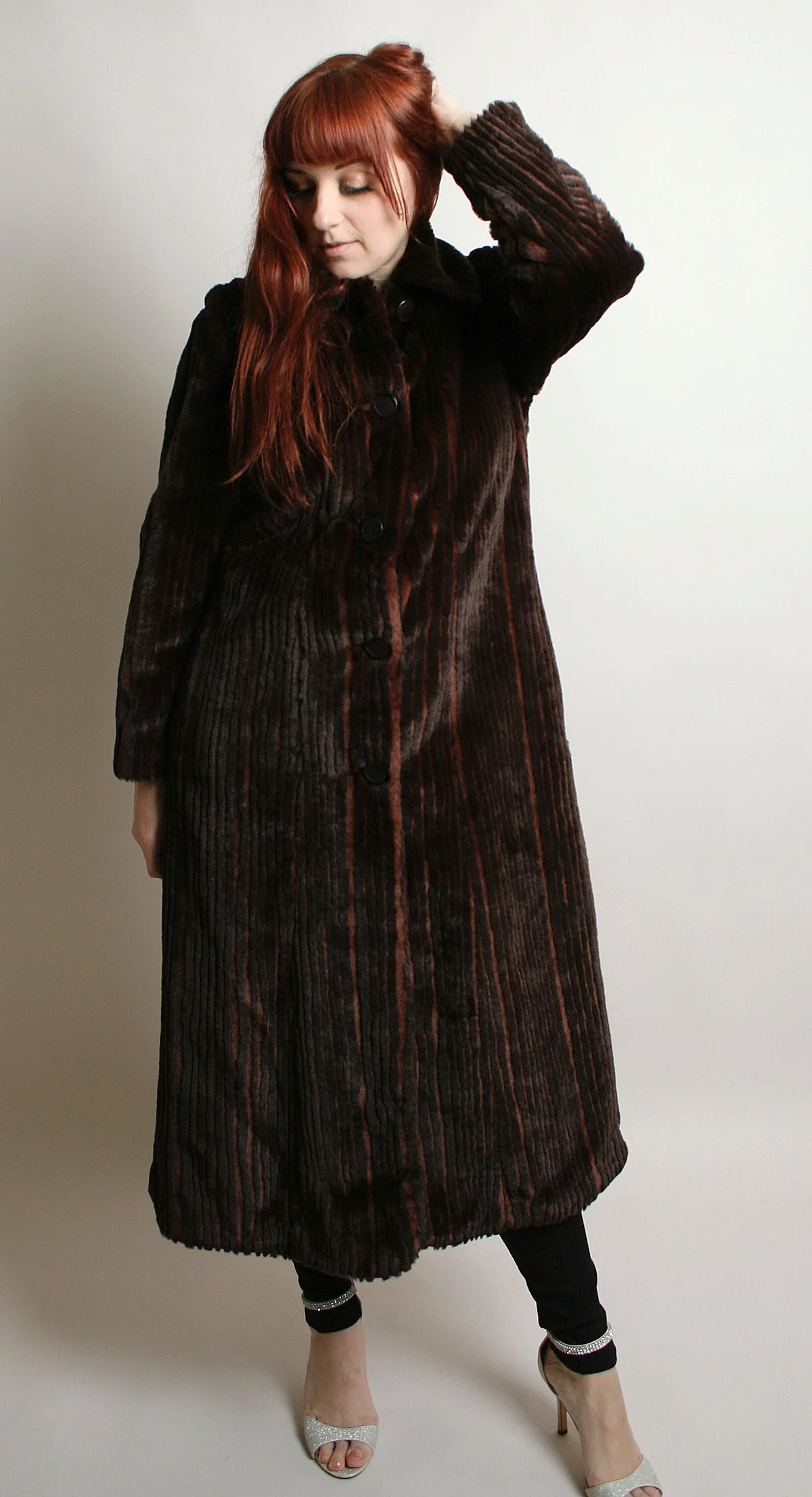 Vintage 80s Faux Fur Coat Long Striped Chocolate Brown and Caramel Copper Highlights Tsunami Esq Medium - Image 3