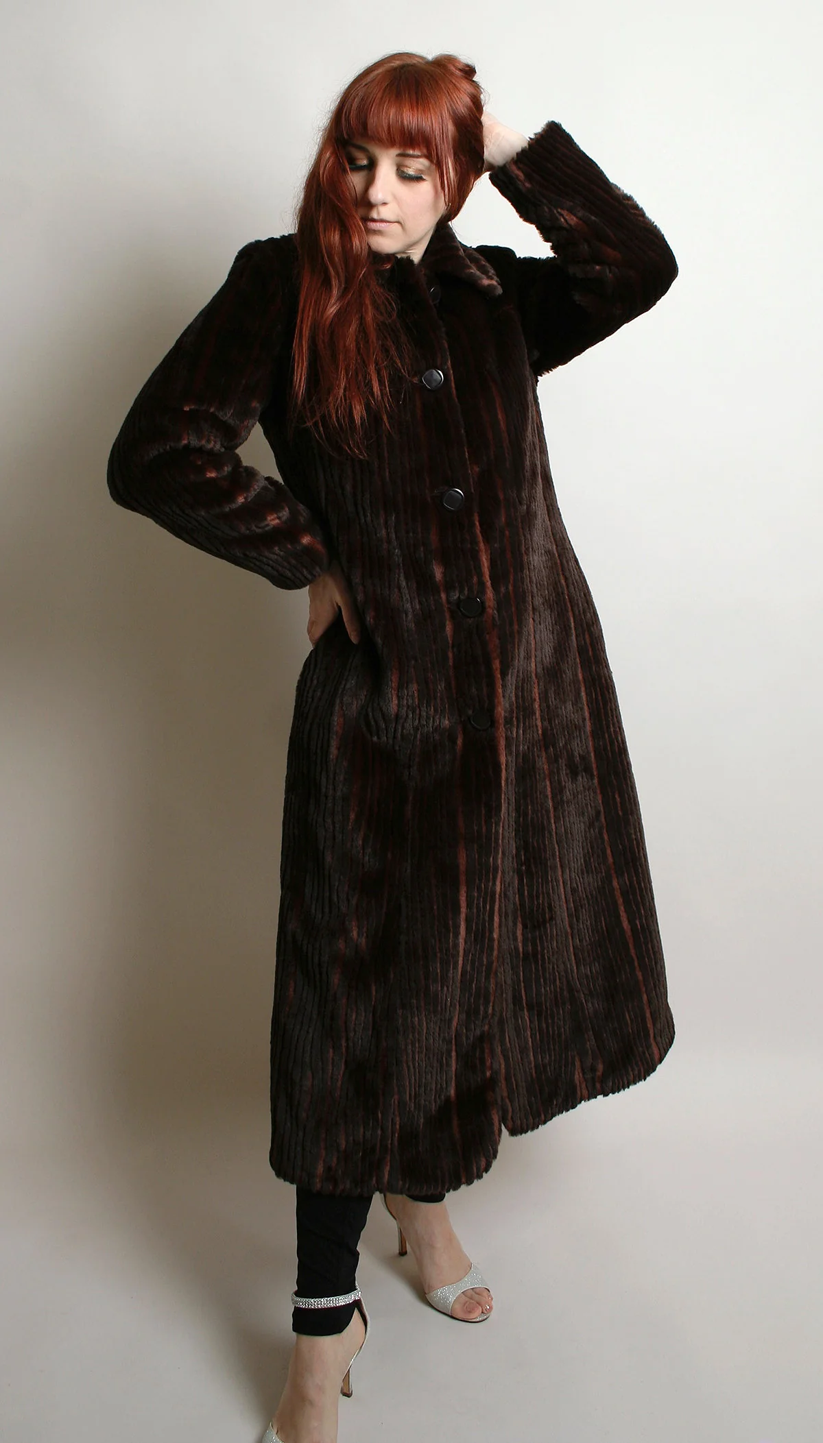 Vintage 80s Faux Fur Coat Long Striped Chocolate Brown and Caramel Copper Highlights Tsunami Esq Medium - Image 5