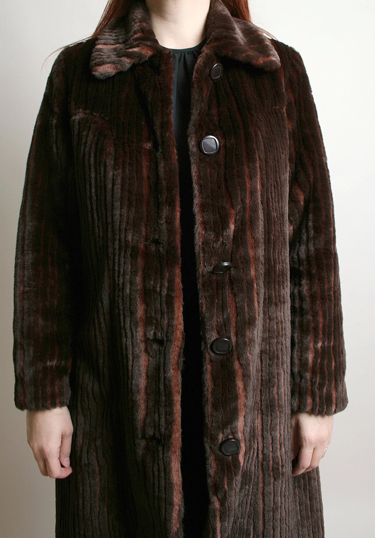 Vintage 80s Faux Fur Coat Long Striped Chocolate Brown and Caramel Copper Highlights Tsunami Esq Medium - Image 6