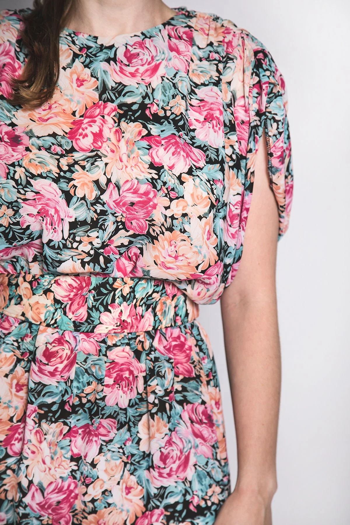 Vintage 80s Floral Dress - Dramatic Draped Floral Bloom Print Sheer Dress by Zam Zam - Open Split Sleeve - Small Medium - Image 5
