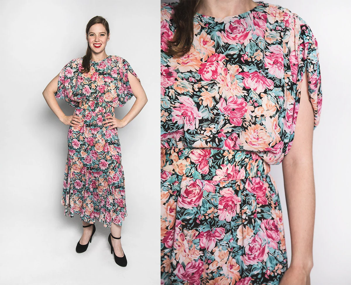 Vintage 80s Floral Dress - Dramatic Draped Floral Bloom Print Sheer Dress by Zam Zam - Open Split Sleeve - Small Medium - Image 7