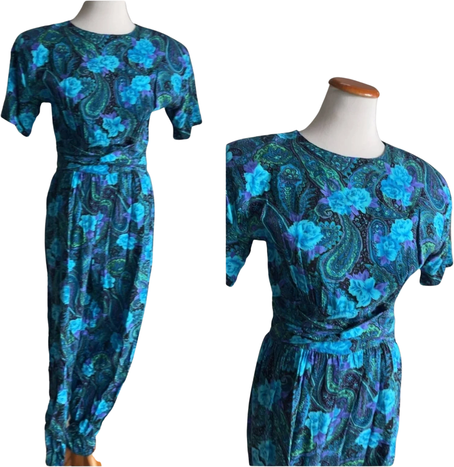 Vintage 80s Floral Printed Jumpsuit Blues Black Cropped Tapered Leg Dopamine by Authentic Original  Style