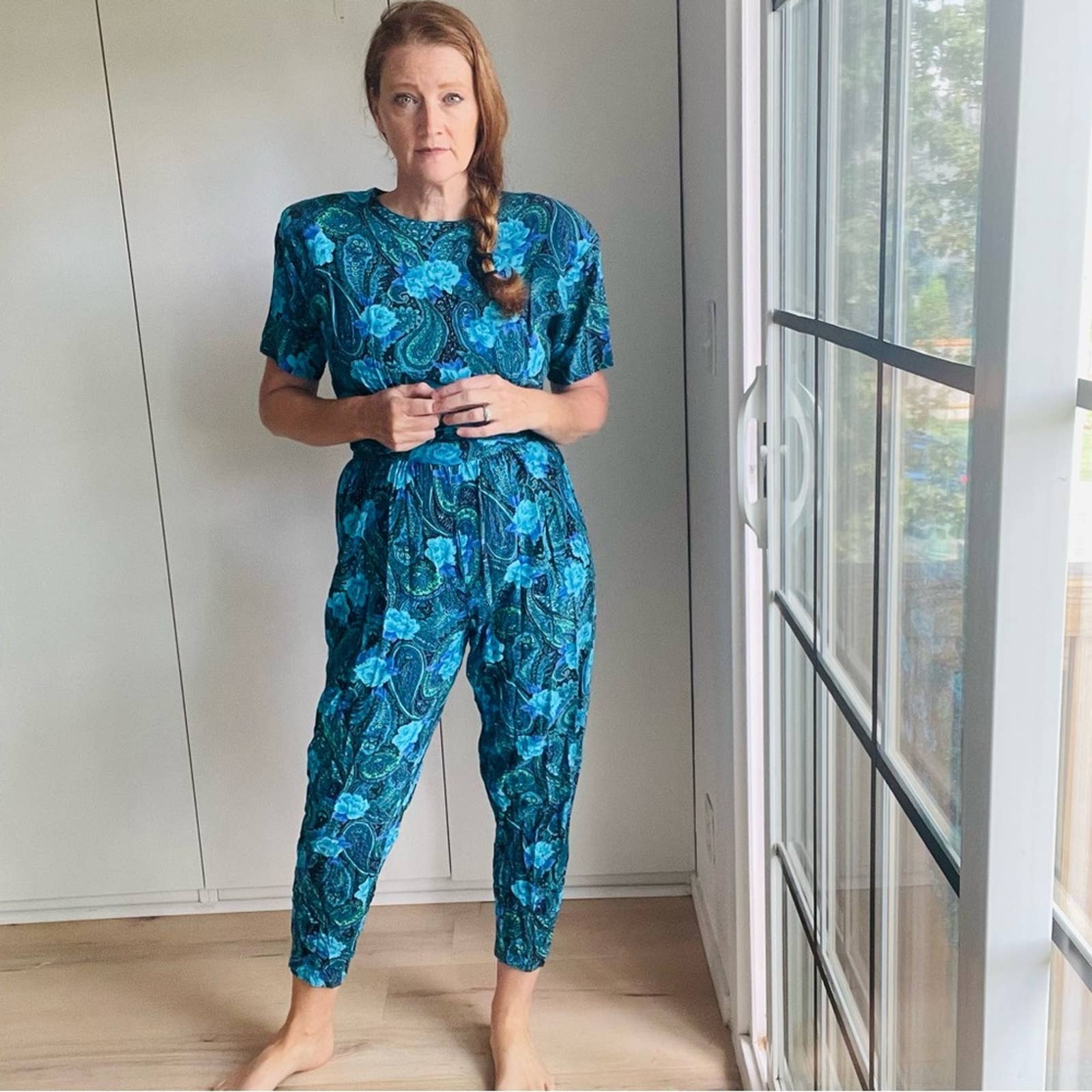 Vintage 80s Floral Printed Jumpsuit Blues Black Cropped Tapered Leg Dopamine by Authentic Original  Style - Image 3