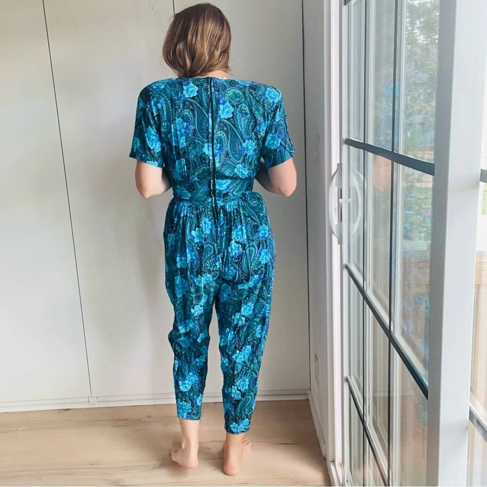Vintage 80s Floral Printed Jumpsuit Blues Black Cropped Tapered Leg Dopamine by Authentic Original  Style - Image 6