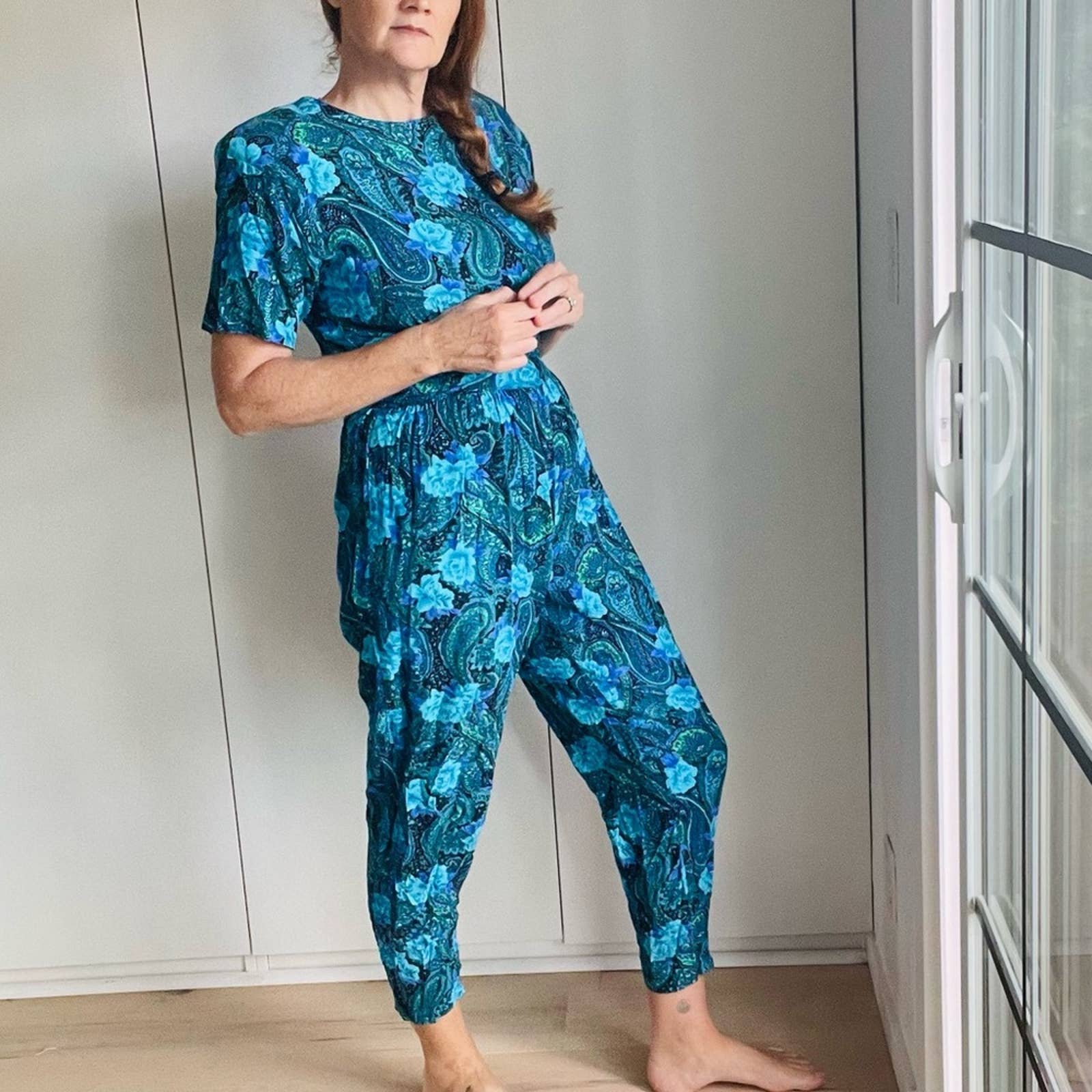 Vintage 80s Floral Printed Jumpsuit Blues Black Cropped Tapered Leg Dopamine by Authentic Original  Style - Image 7