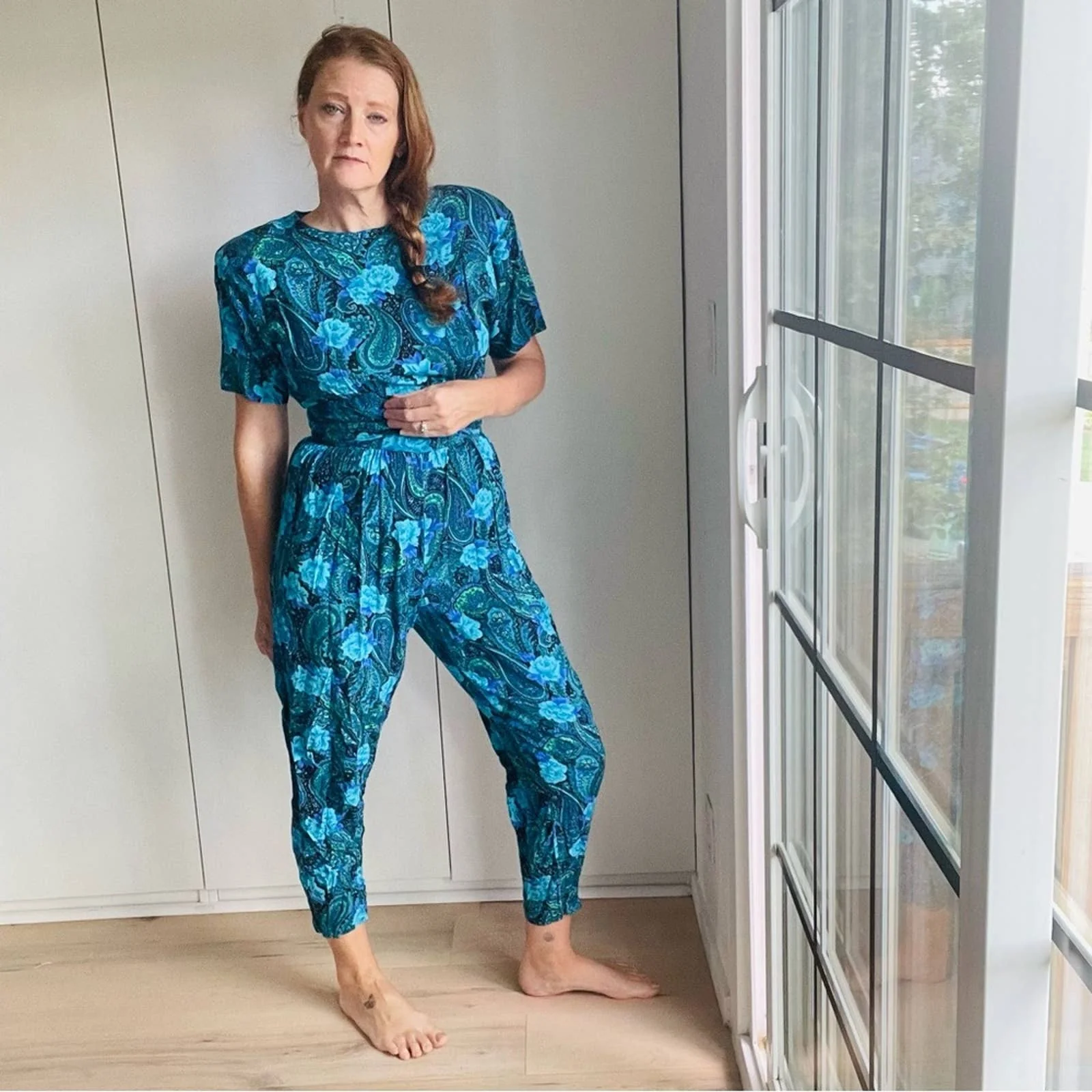 Vintage 80s Floral Printed Jumpsuit Blues Black Cropped Tapered Leg Dopamine by Authentic Original  Style - Image 8