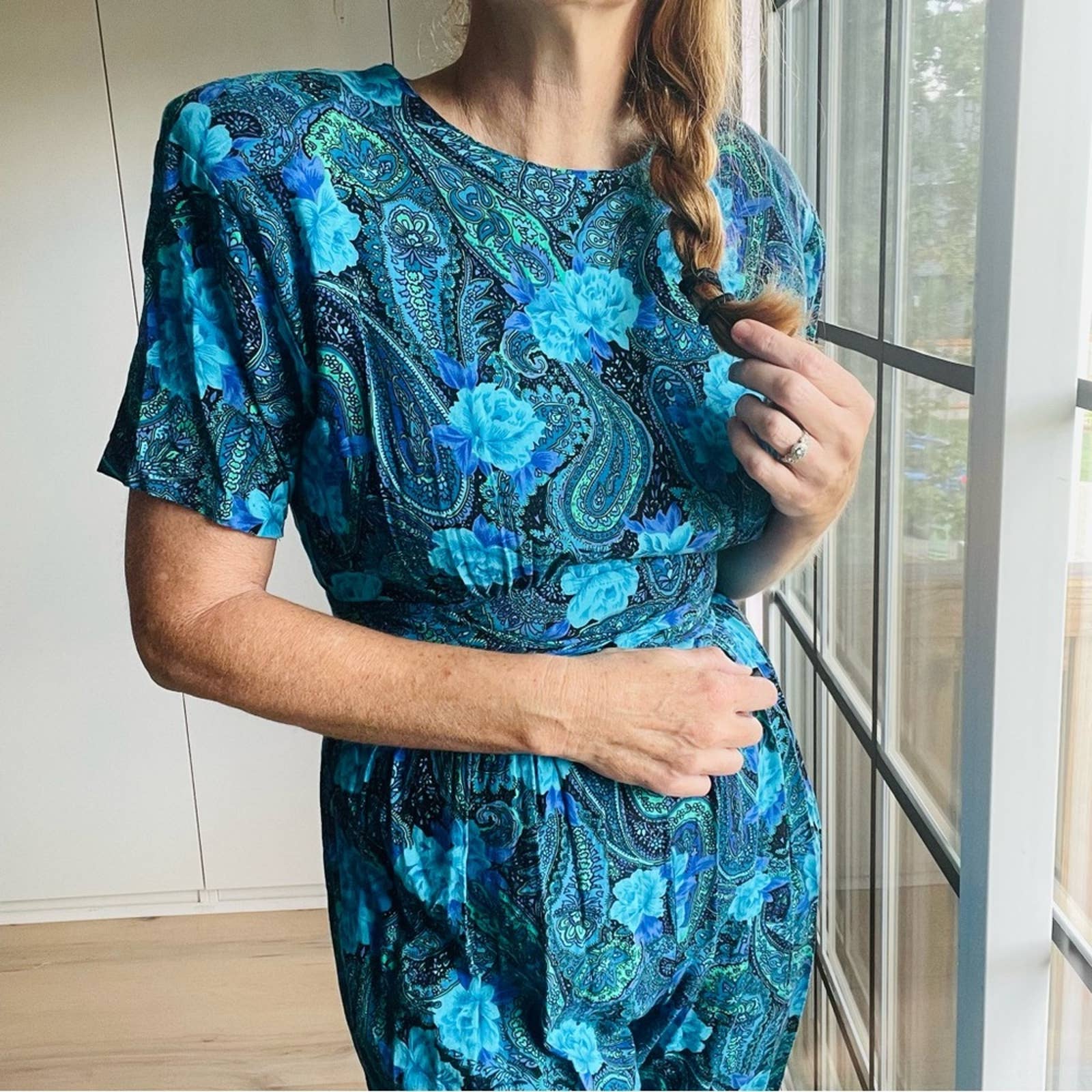 Vintage 80s Floral Printed Jumpsuit Blues Black Cropped Tapered Leg Dopamine by Authentic Original  Style - Image 9