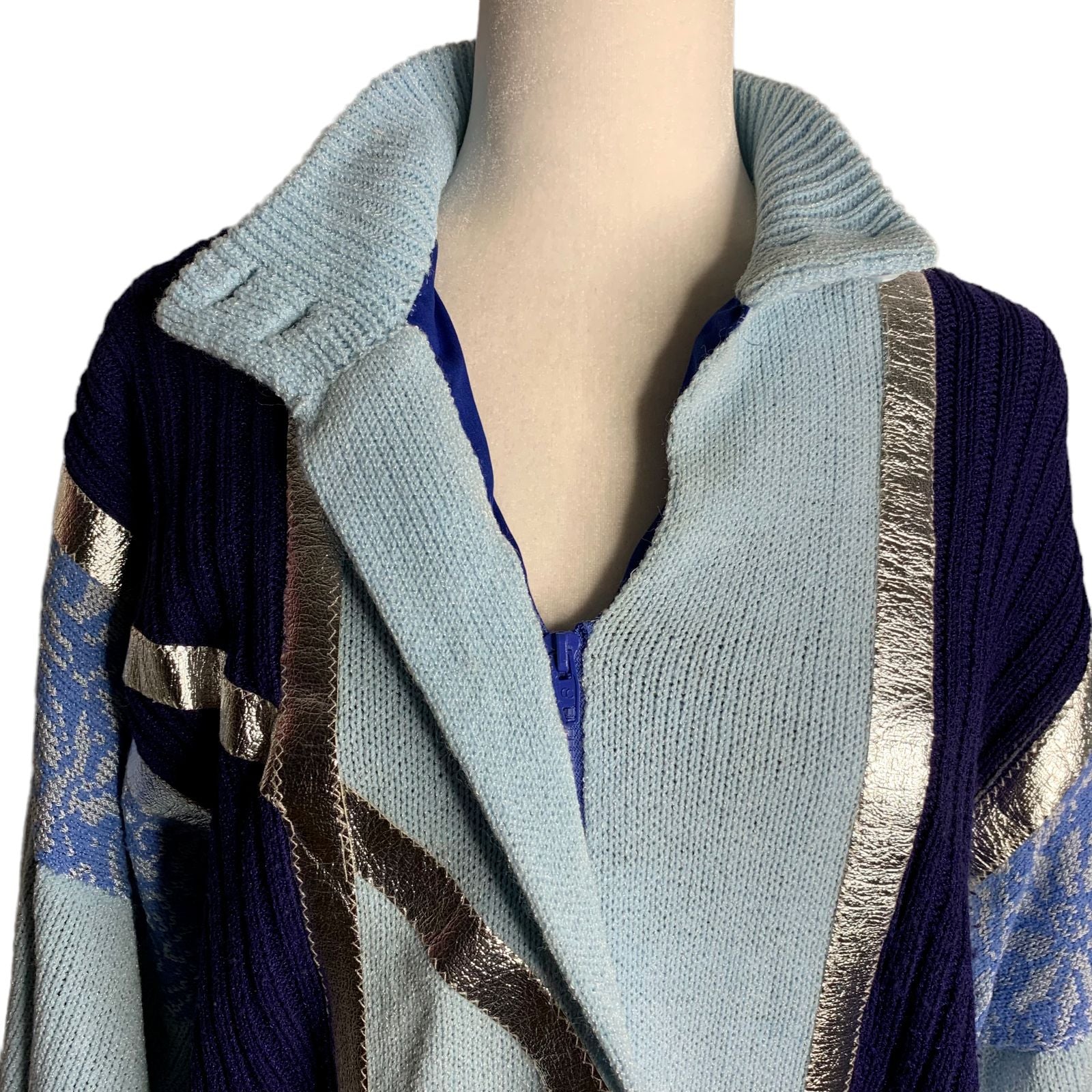 Vintage 80s Full Zip Sweater Jacket Blue Metallic Wearable Art - Image 2