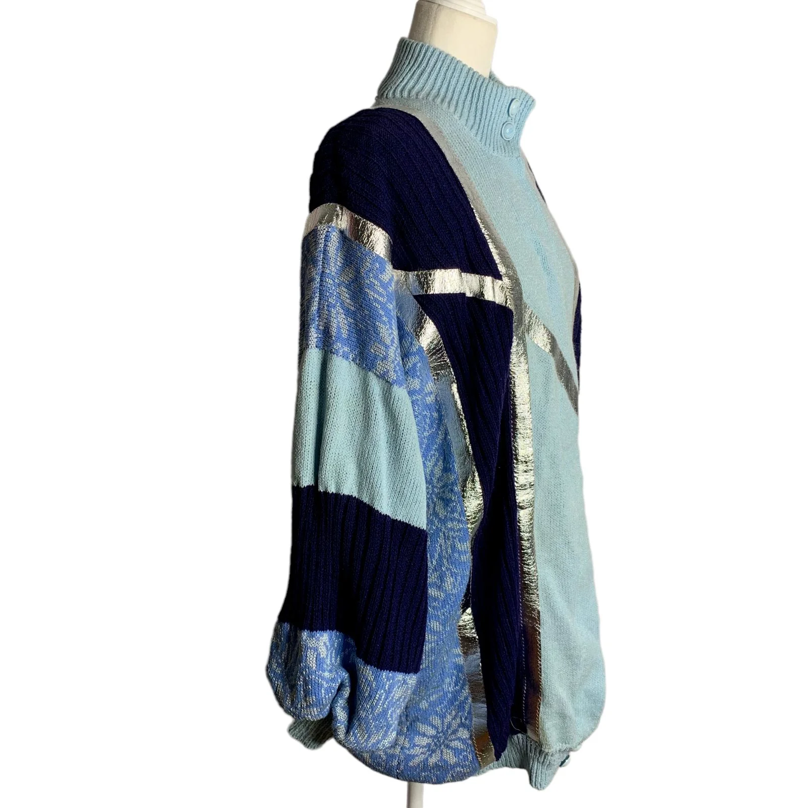 Vintage 80s Full Zip Sweater Jacket Blue Metallic Wearable Art - Image 6